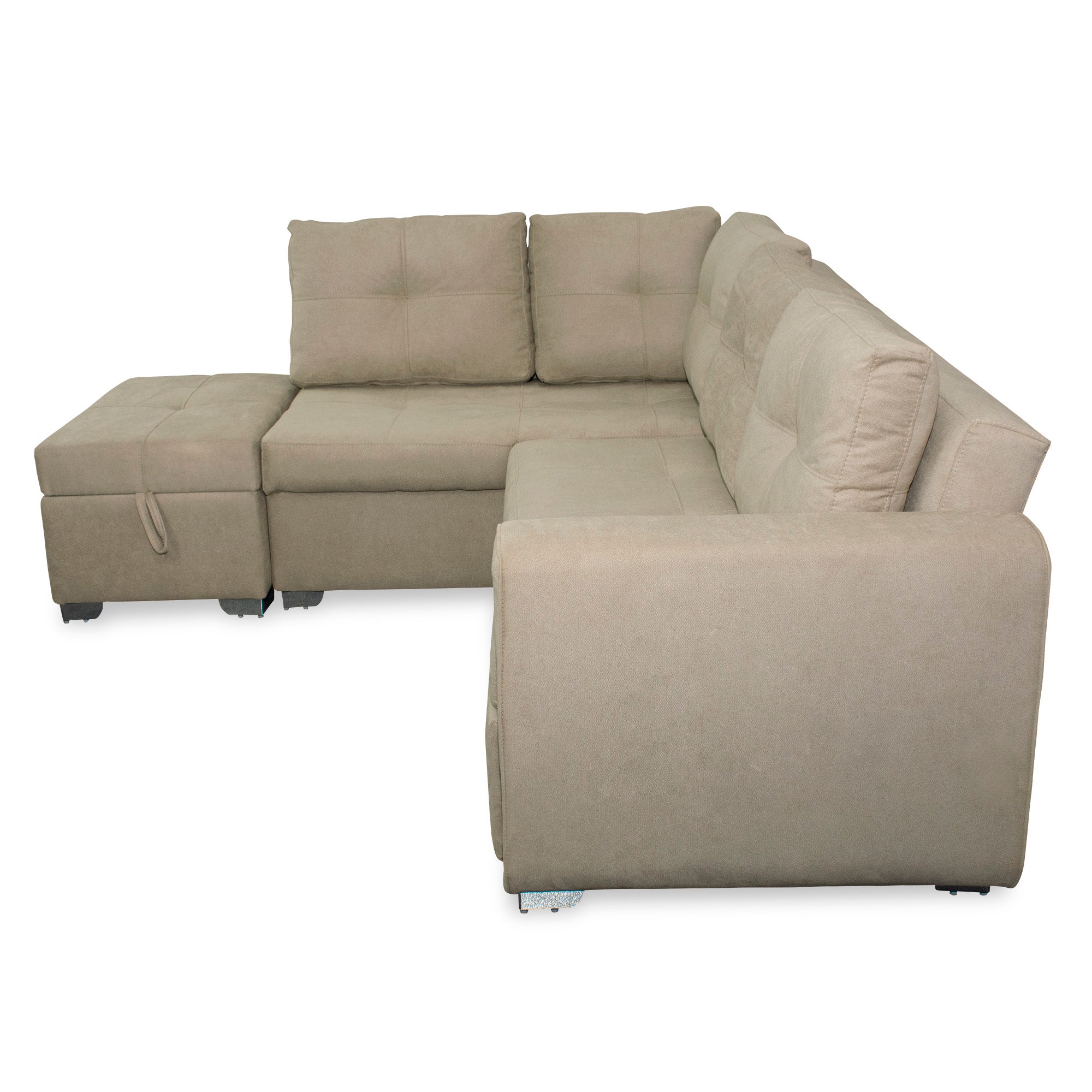 Sala rinconera prime con puff en microfibra camel