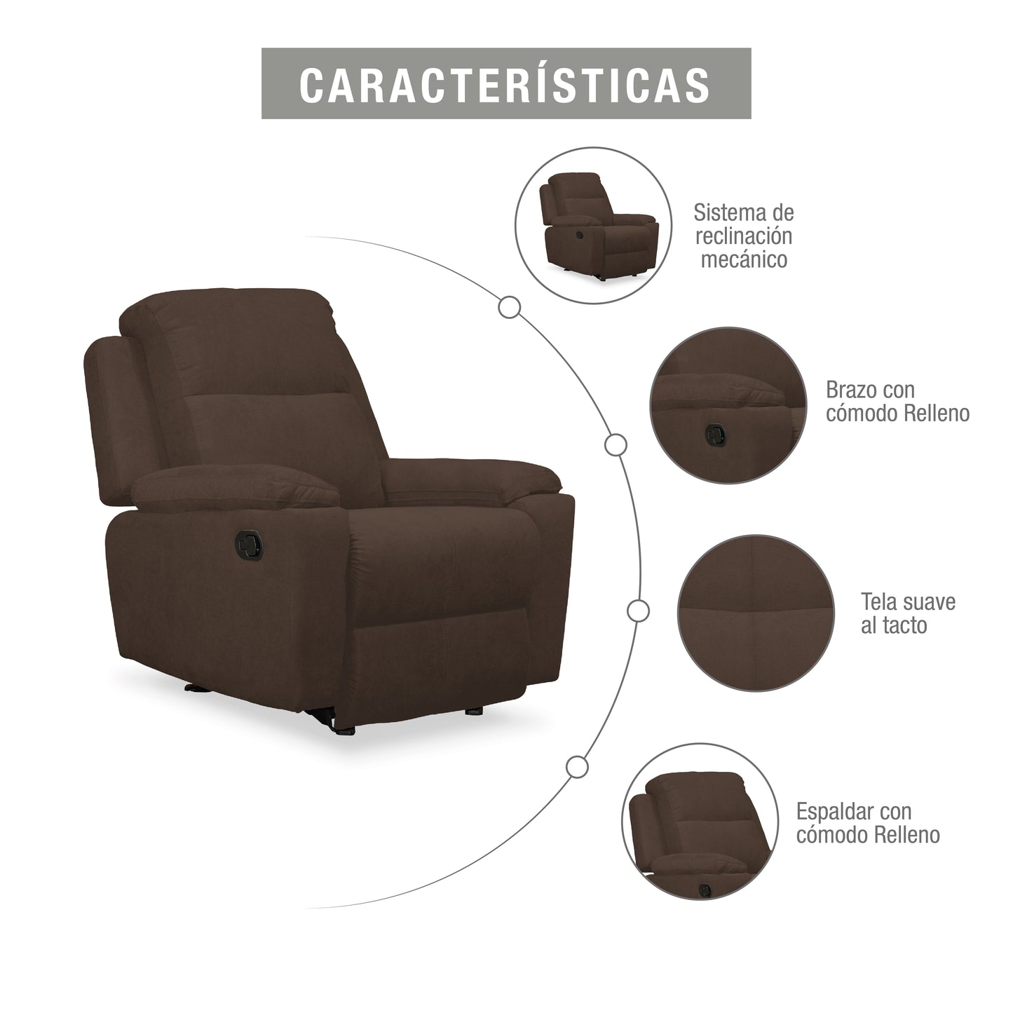 SILLA RECLINABLE ESTÁTICA MARSELLA MECEDORA MICROFIBRA. CHOCOLATE