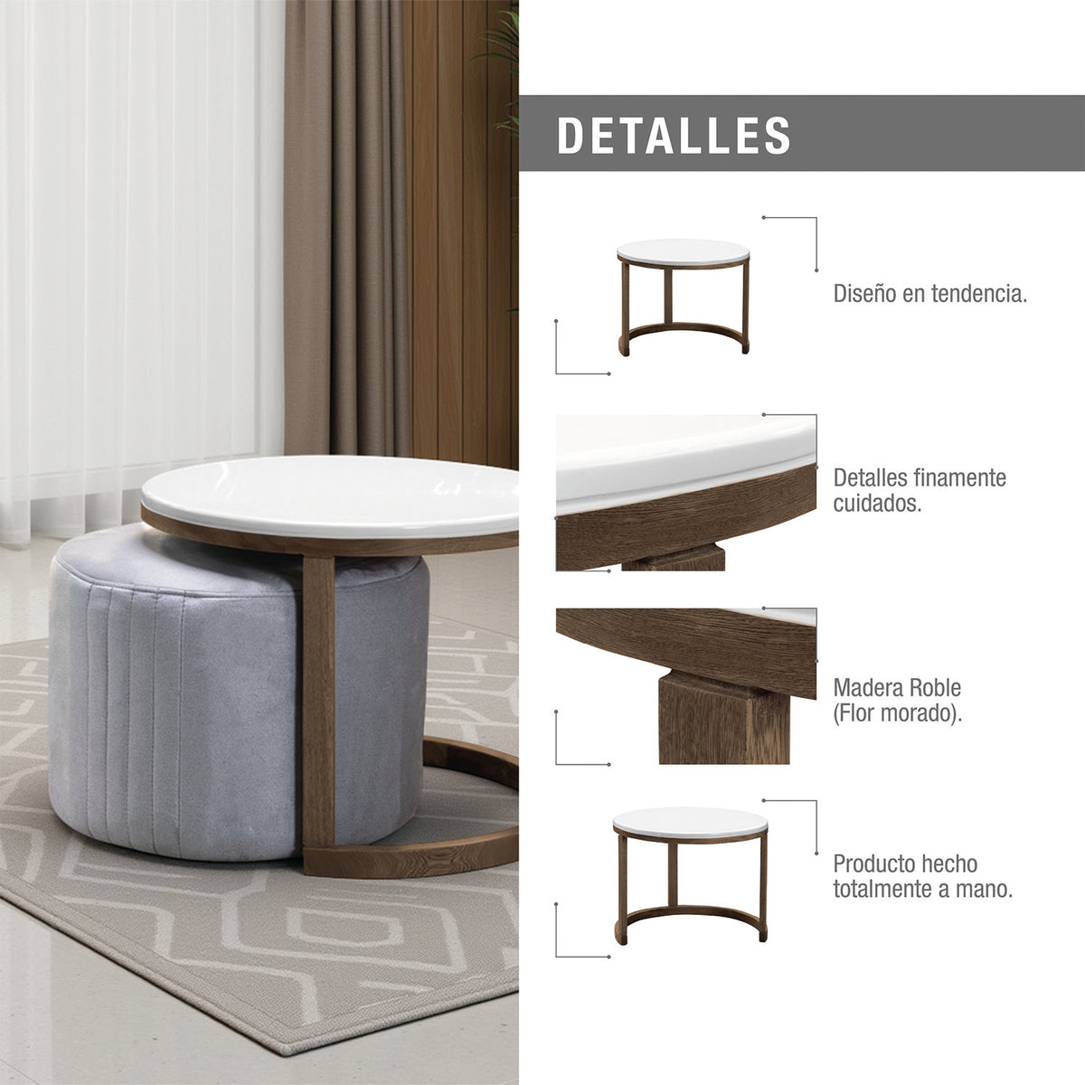 Set mesa nova en natural oscuro con puff en tela plata