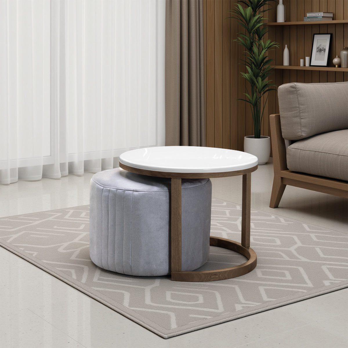 Set mesa nova en natural oscuro con puff en tela plata
