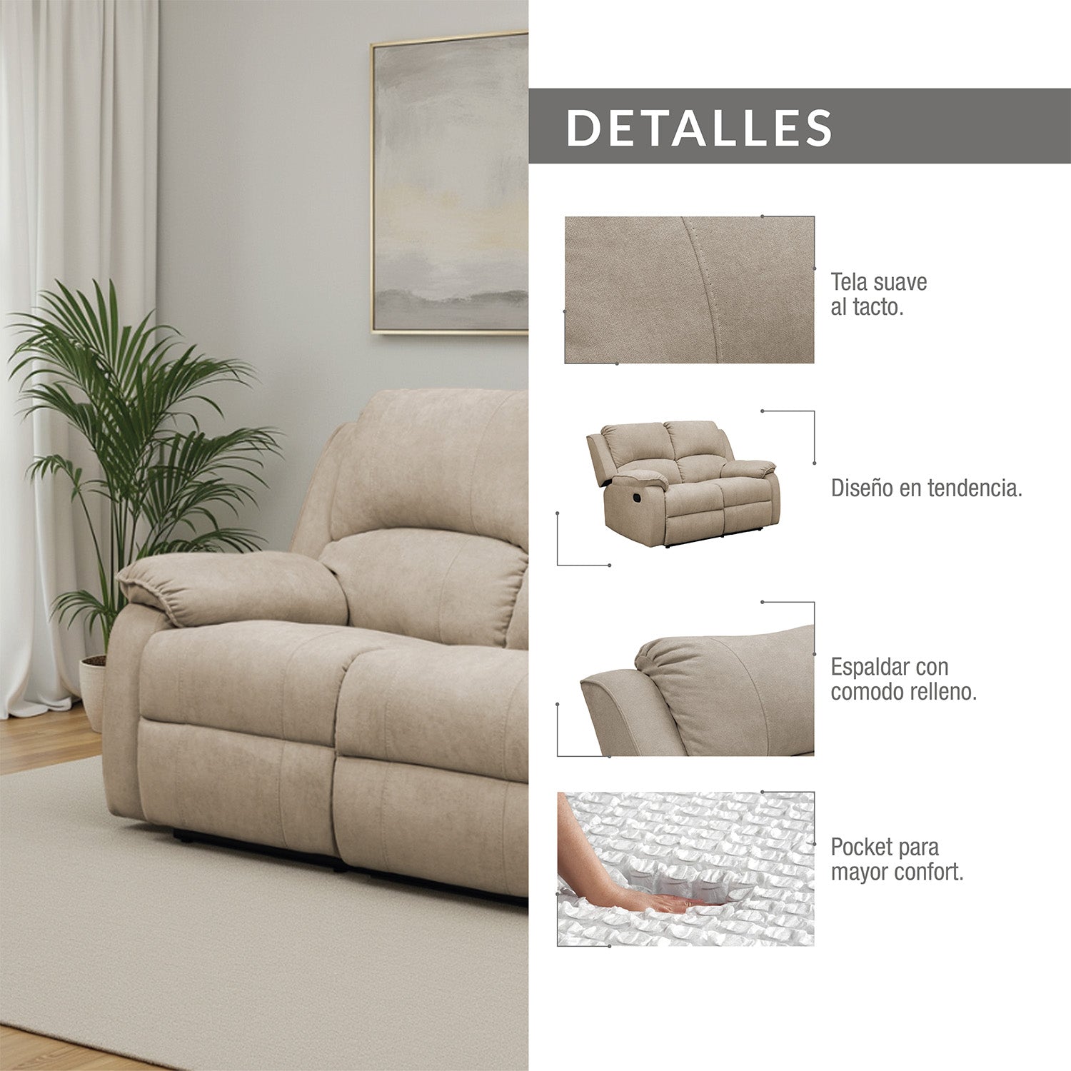 Sofa reclinable tokio 2p microfibra camel