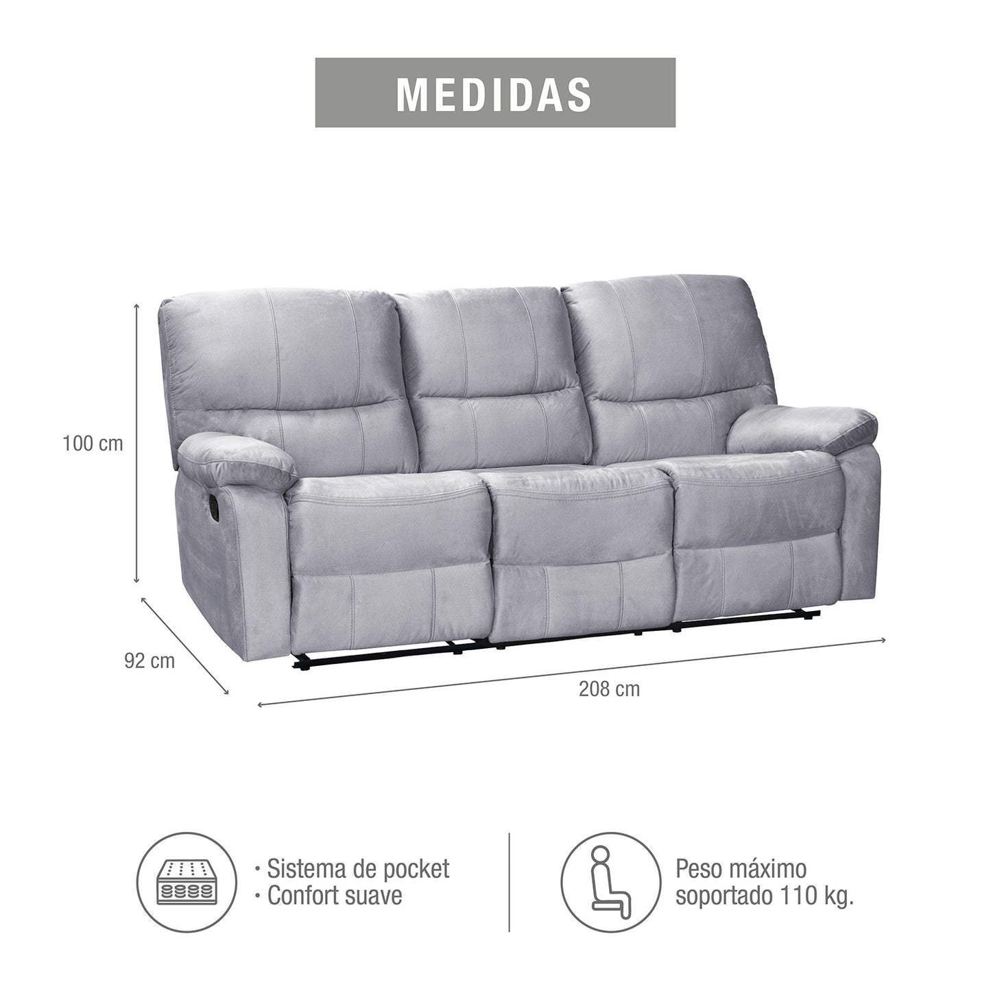 SOFA RECLINABLE GALL 3 PUESTOS MICROFIBRA PLATA