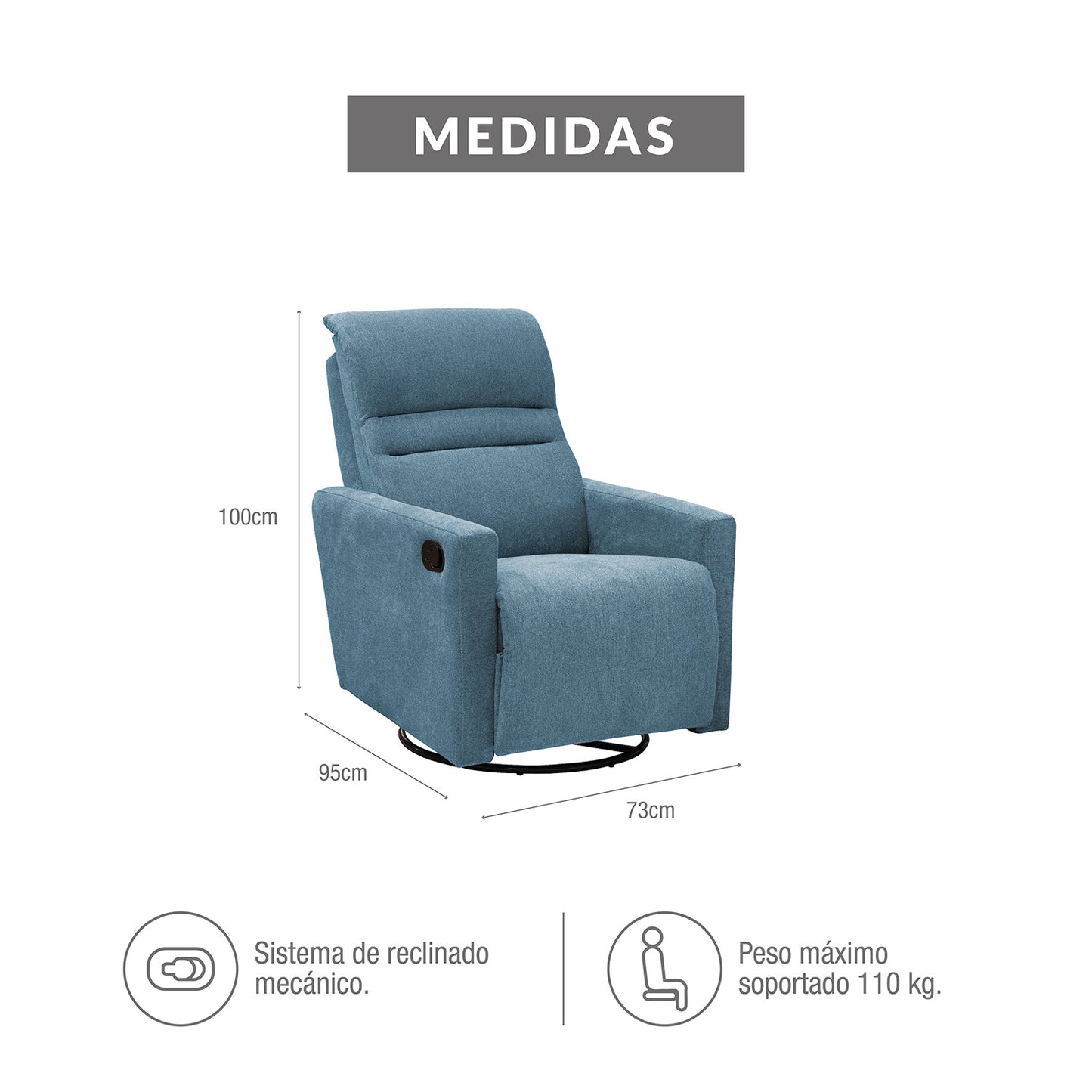 SILLA RECLINABLE MECEDORA GIRATORIA ARTHUR 1 PUESTO MICROFIBRA AZUL