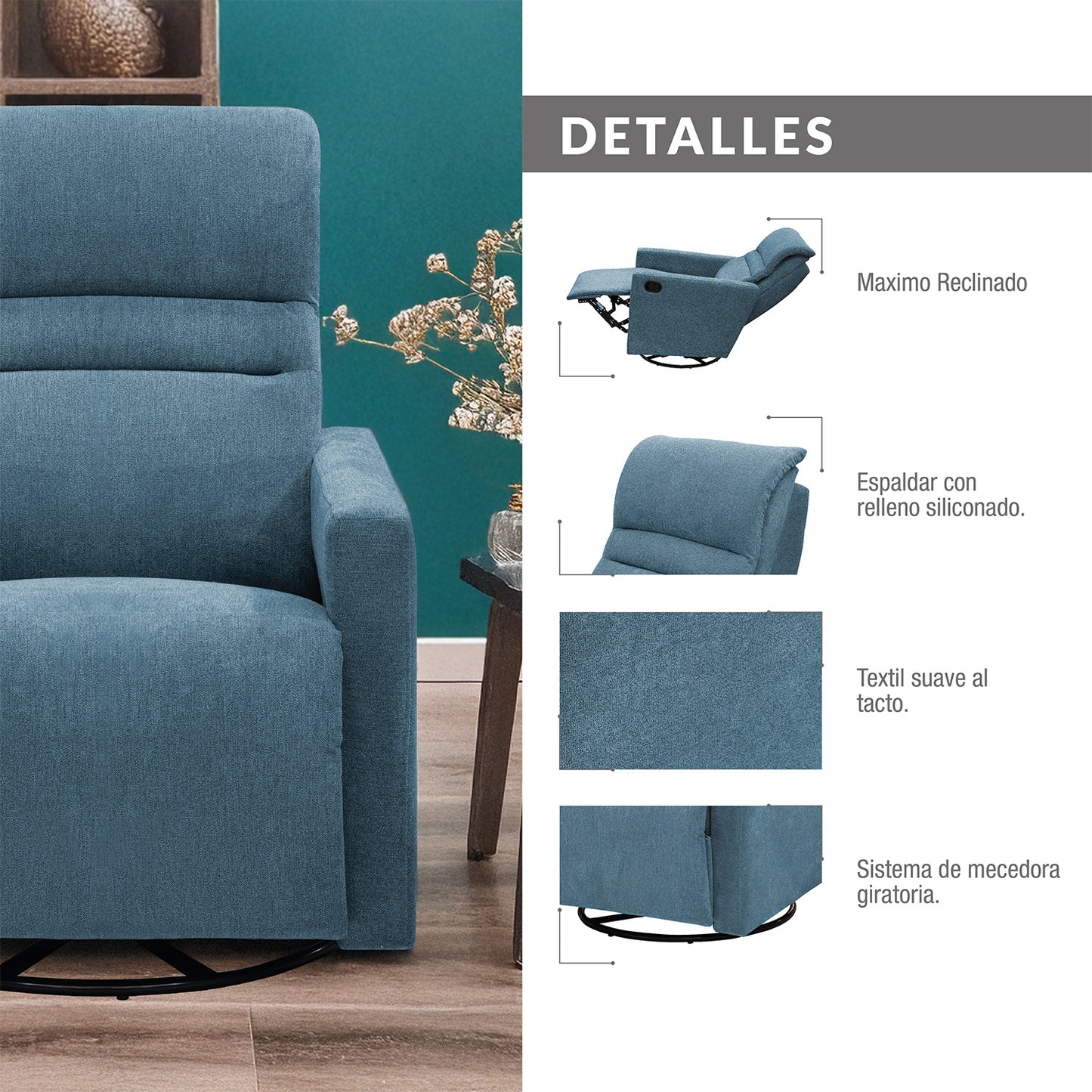 SILLA RECLINABLE MECEDORA GIRATORIA ARTHUR 1 PUESTO MICROFIBRA AZUL