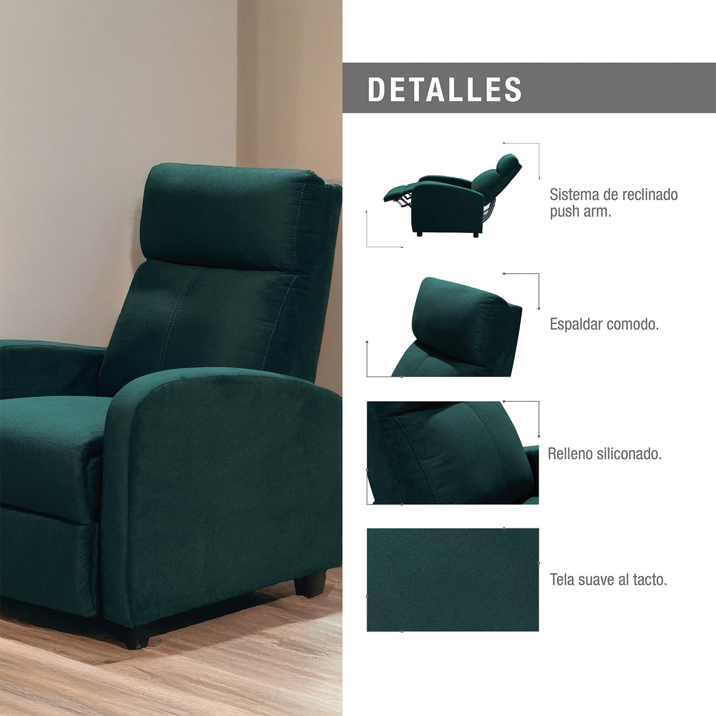 SILLA RECLINABLE DALY ESTATICA MICROFIBRA ESMERALDA