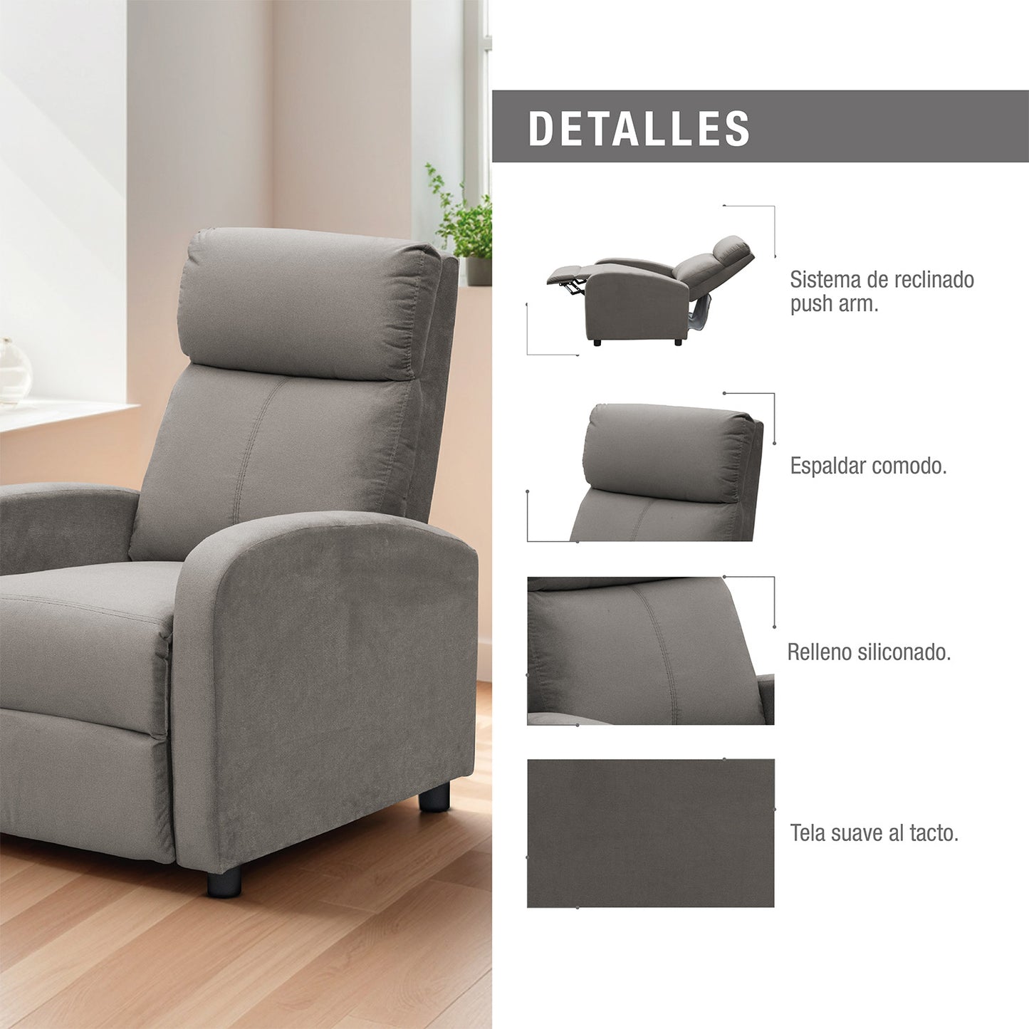 SILLA RECLINABLE DALY ESTATICA MICROFIBRA TAUPE