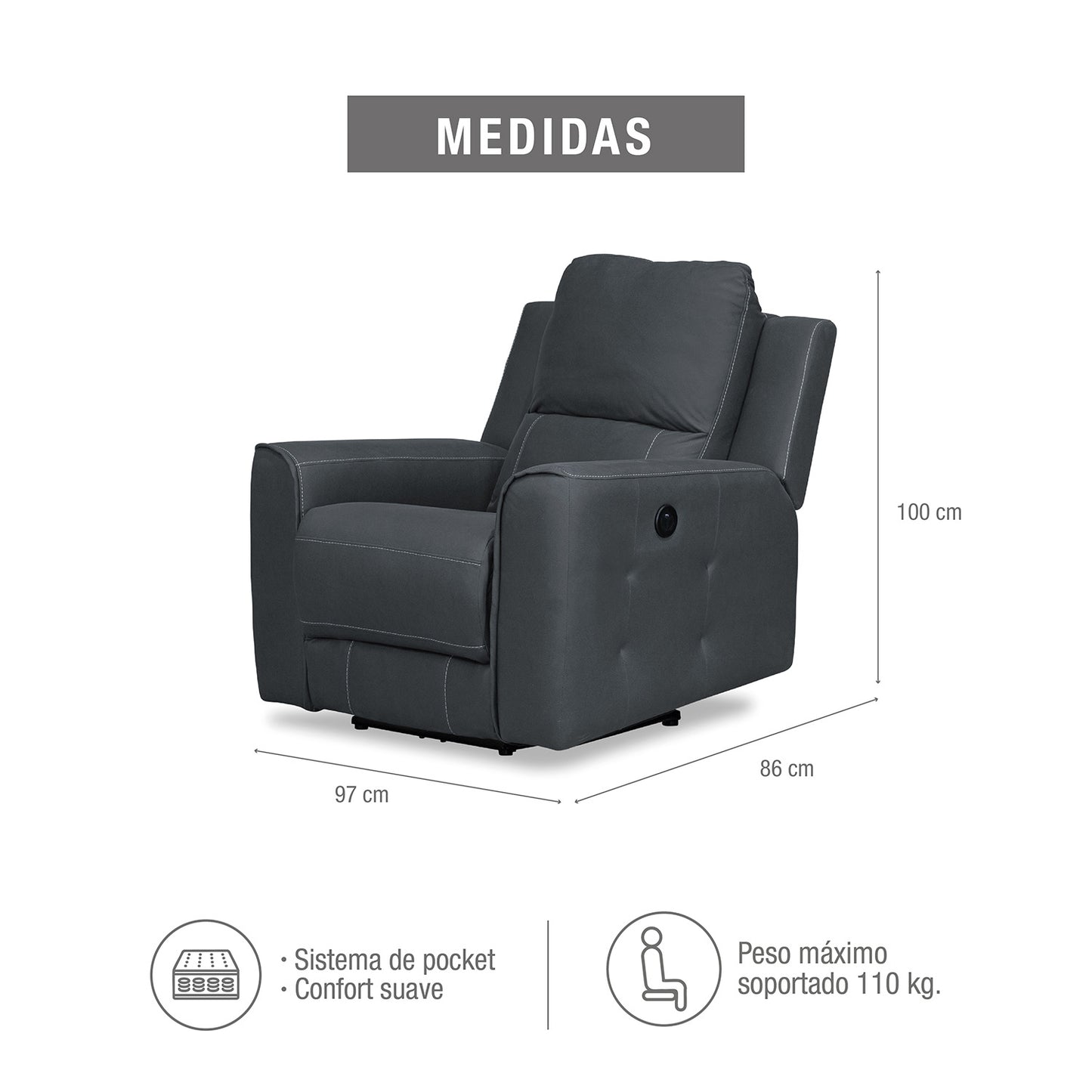 SILLA RECLINABLE ELECTRICA DUKE 1 PUESTO GRAFITO NOBUK