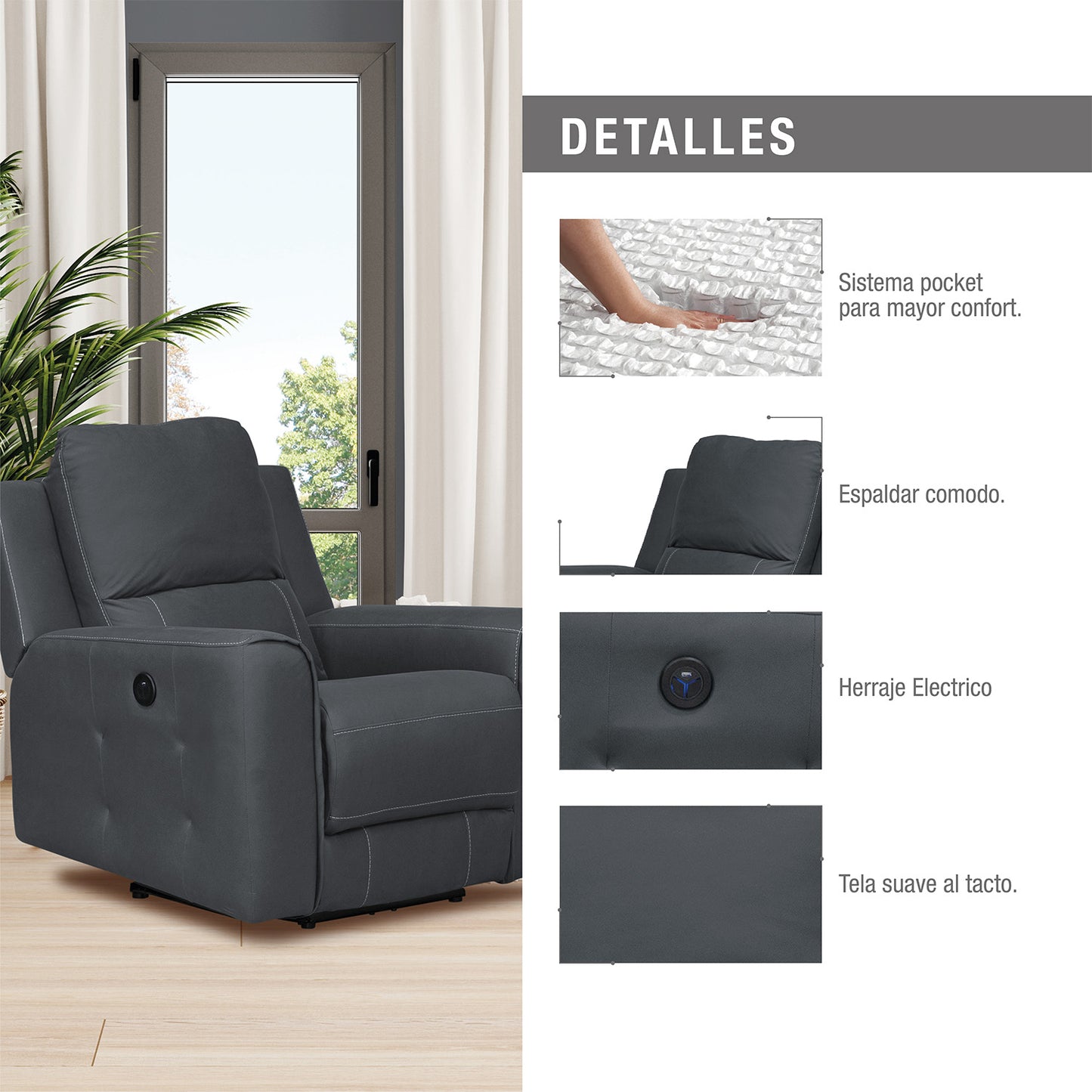 SILLA RECLINABLE ELECTRICA DUKE 1 PUESTO GRAFITO NOBUK
