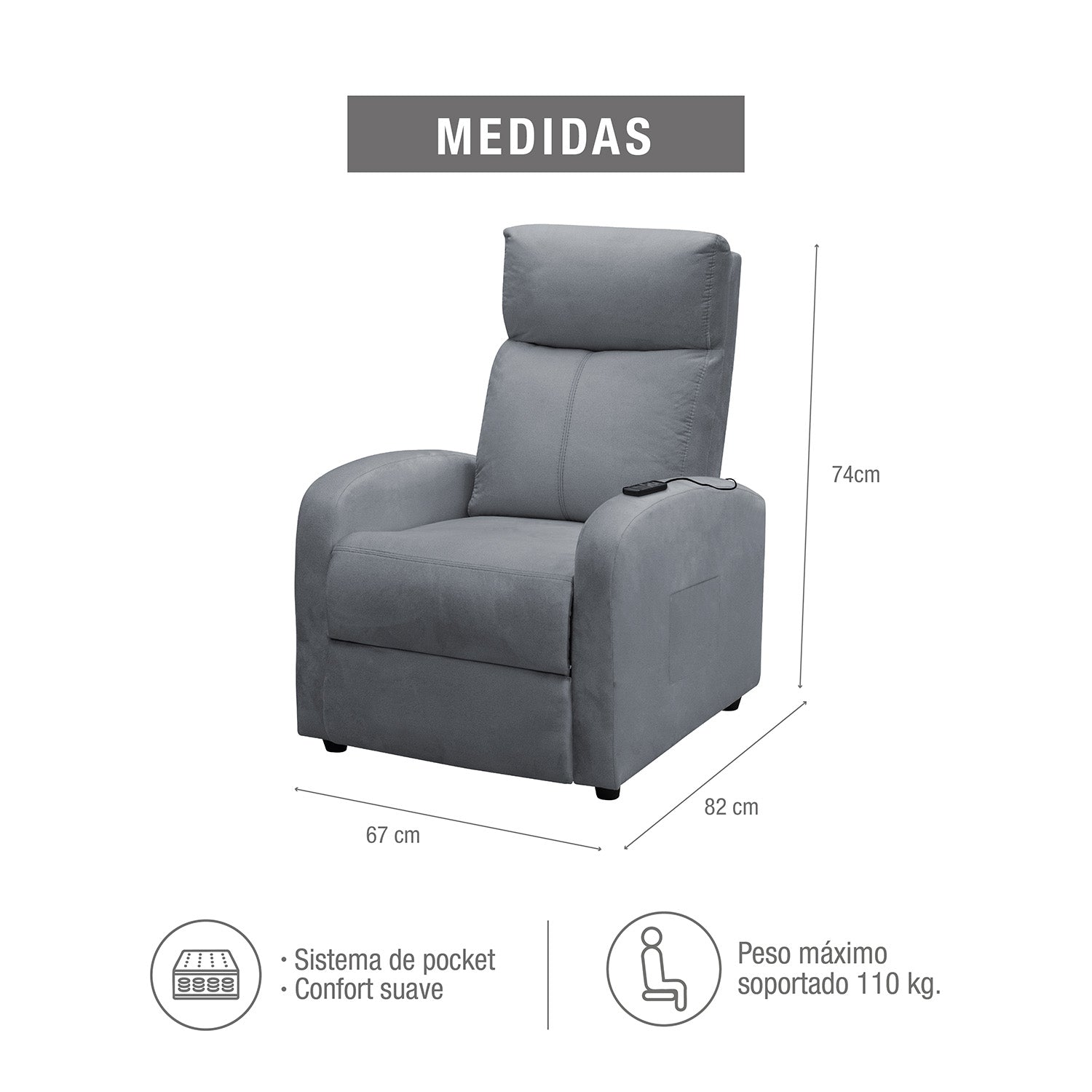 Silla reclinable estatica con masaje daly 1 puesto microfibra gris plomo