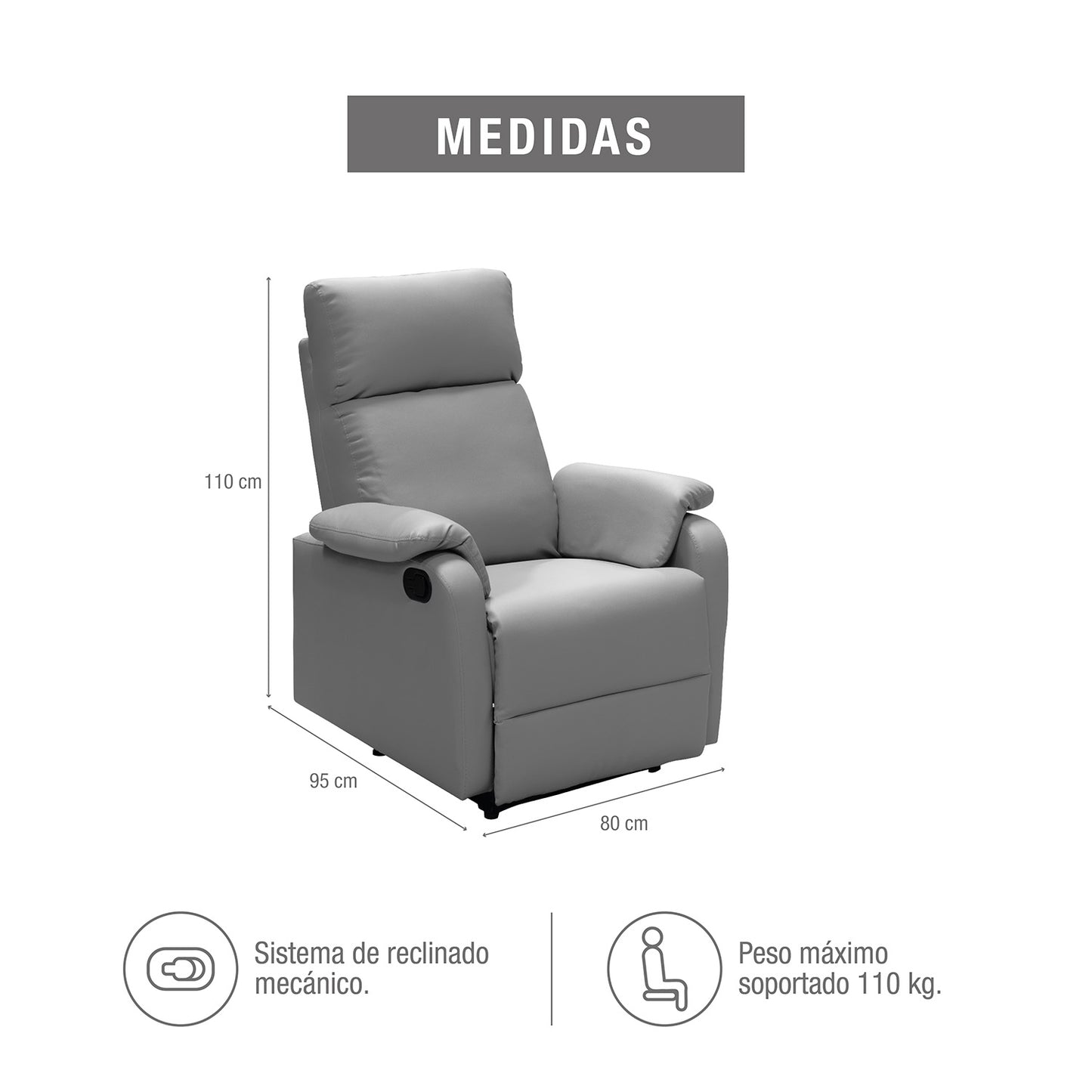 SILLA RECLINABLE VELVET 1 PUESTO SINTETICO GRIS CLARO