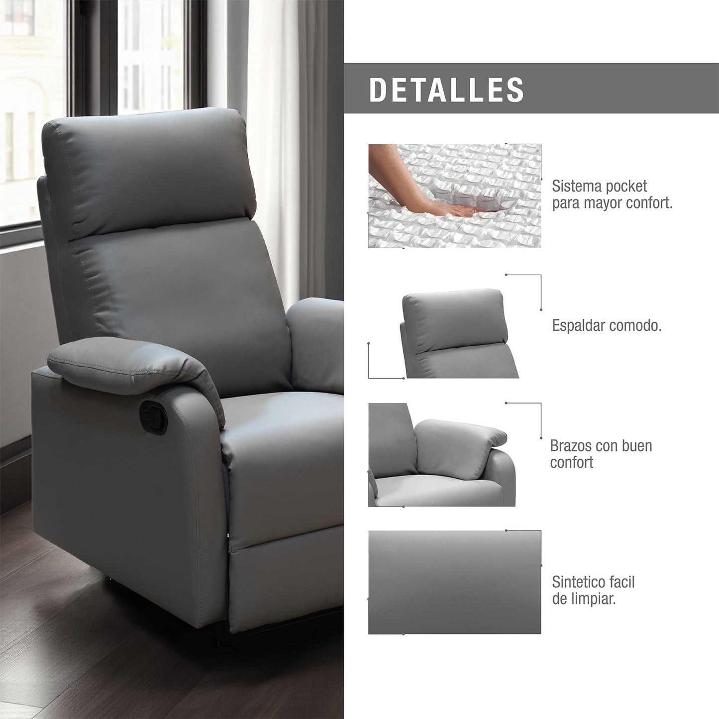 SILLA RECLINABLE VELVET 1 PUESTO SINTETICO GRIS CLARO