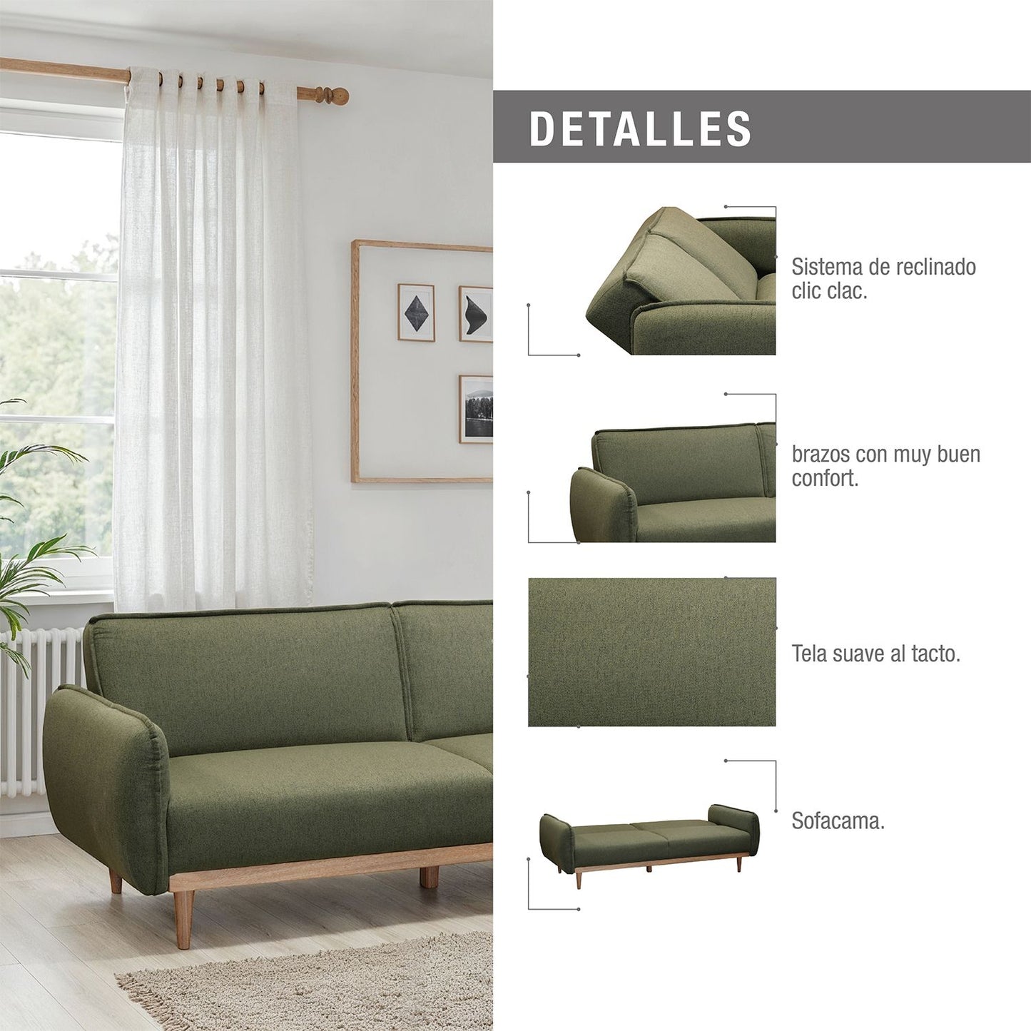 SOFA CAMA KAMIL MICROFIBRA VERDE OLIVA