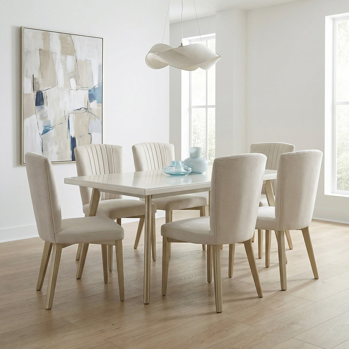 Comedor 6 puestos regina blanco perla-champaña Microfibra crudo
