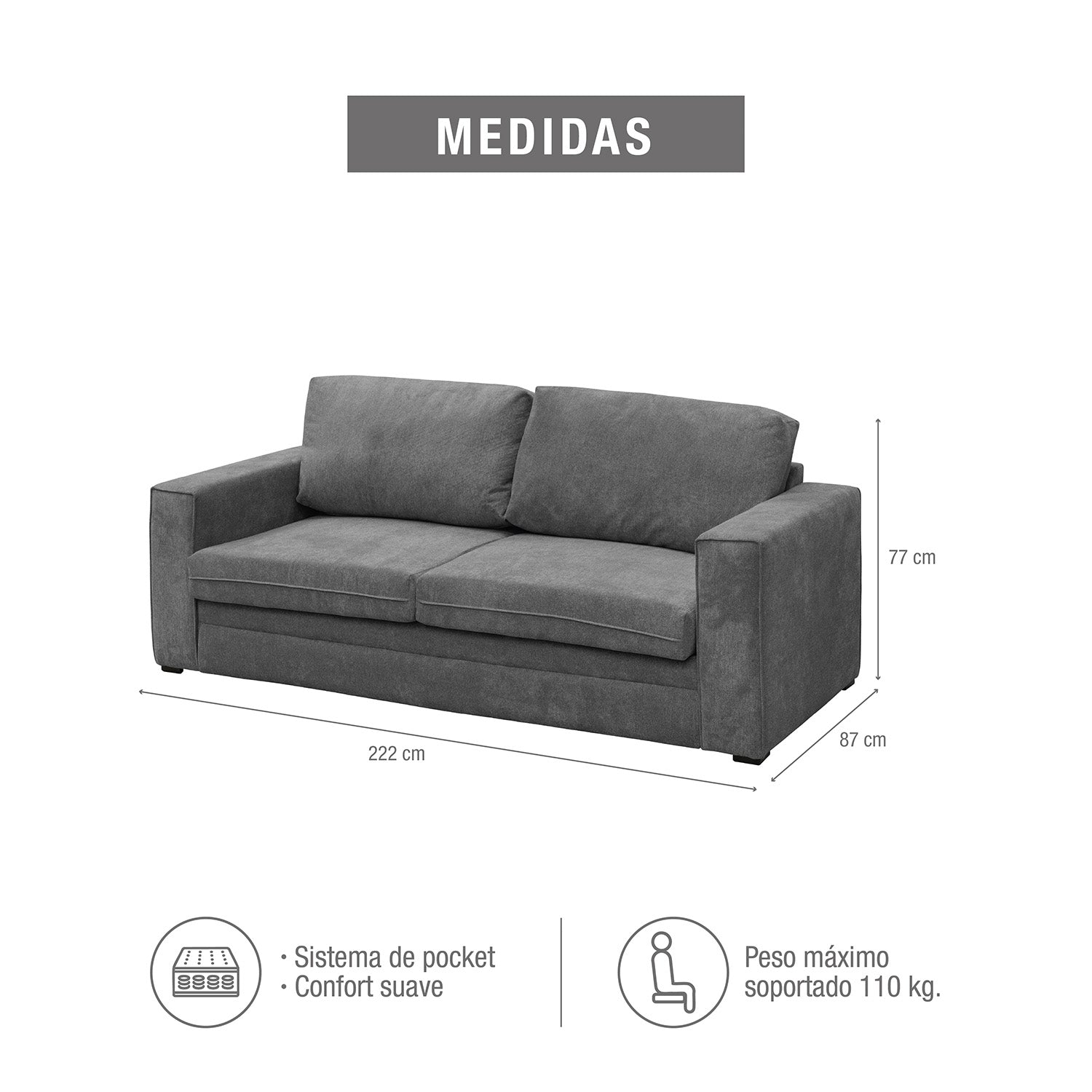 Sofá 3P Cusco microfibra humo