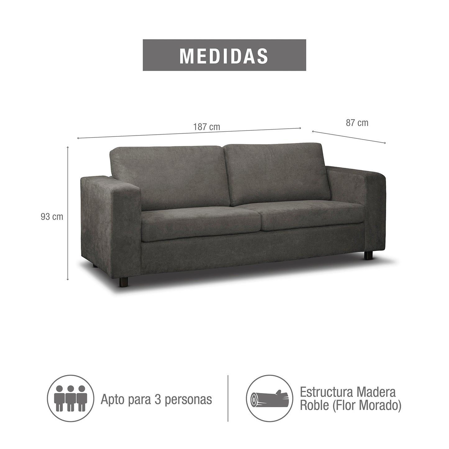 SOFA NAUTY 3 PTOS PROTOTIPO GRANDE GRIS PLOMO