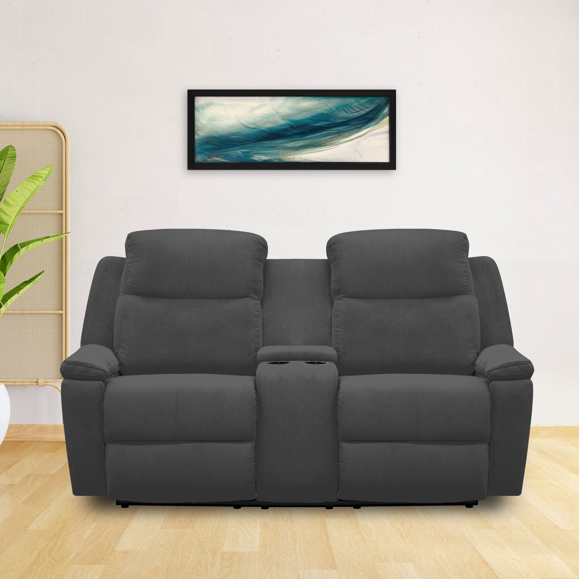 Sofá Reclinable Con Consola Marsella 2 Puestos Microfibra Gris