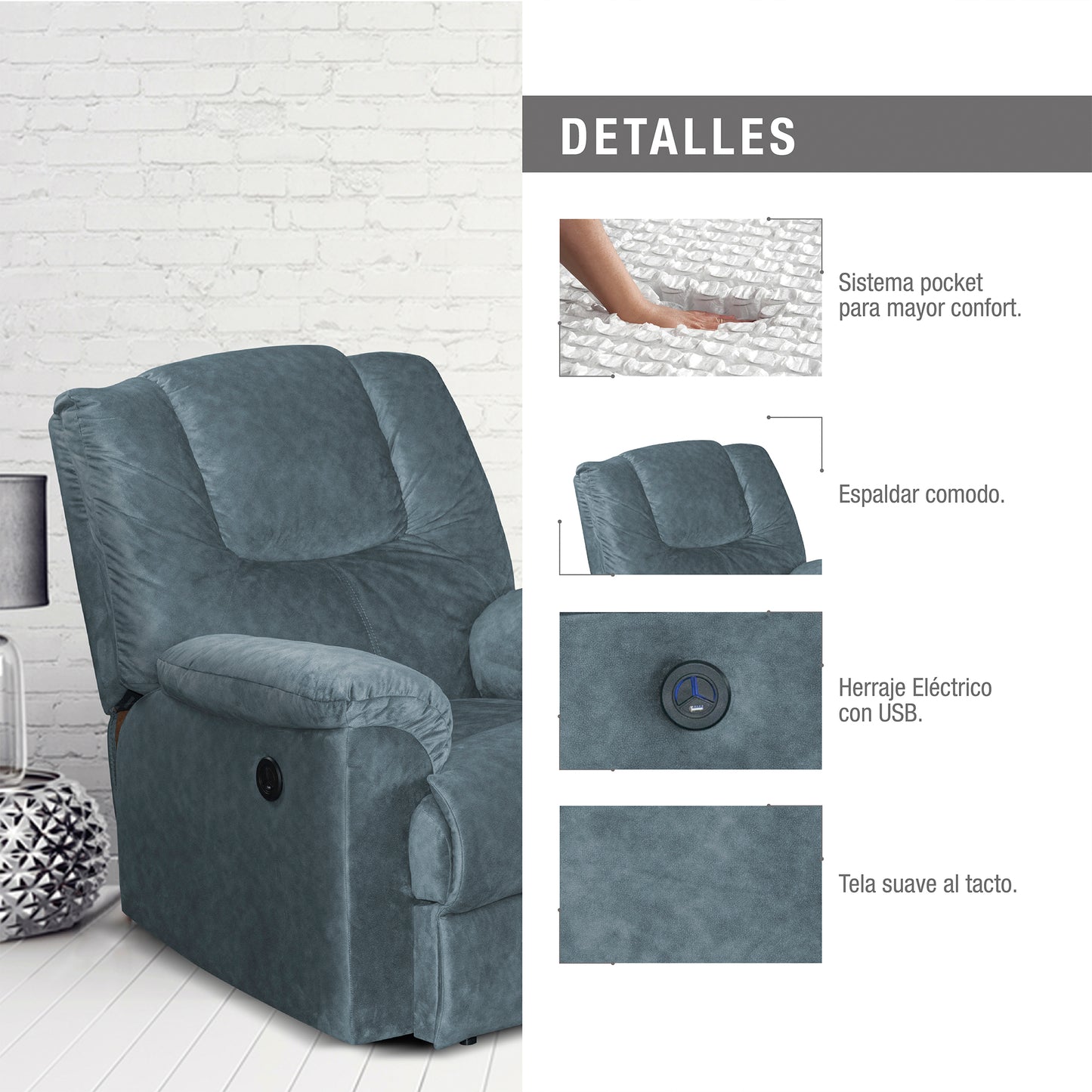SILLA RECLINABLE TONY ELECTRICA USB SEMI SINTETICO GRIS PLOMO