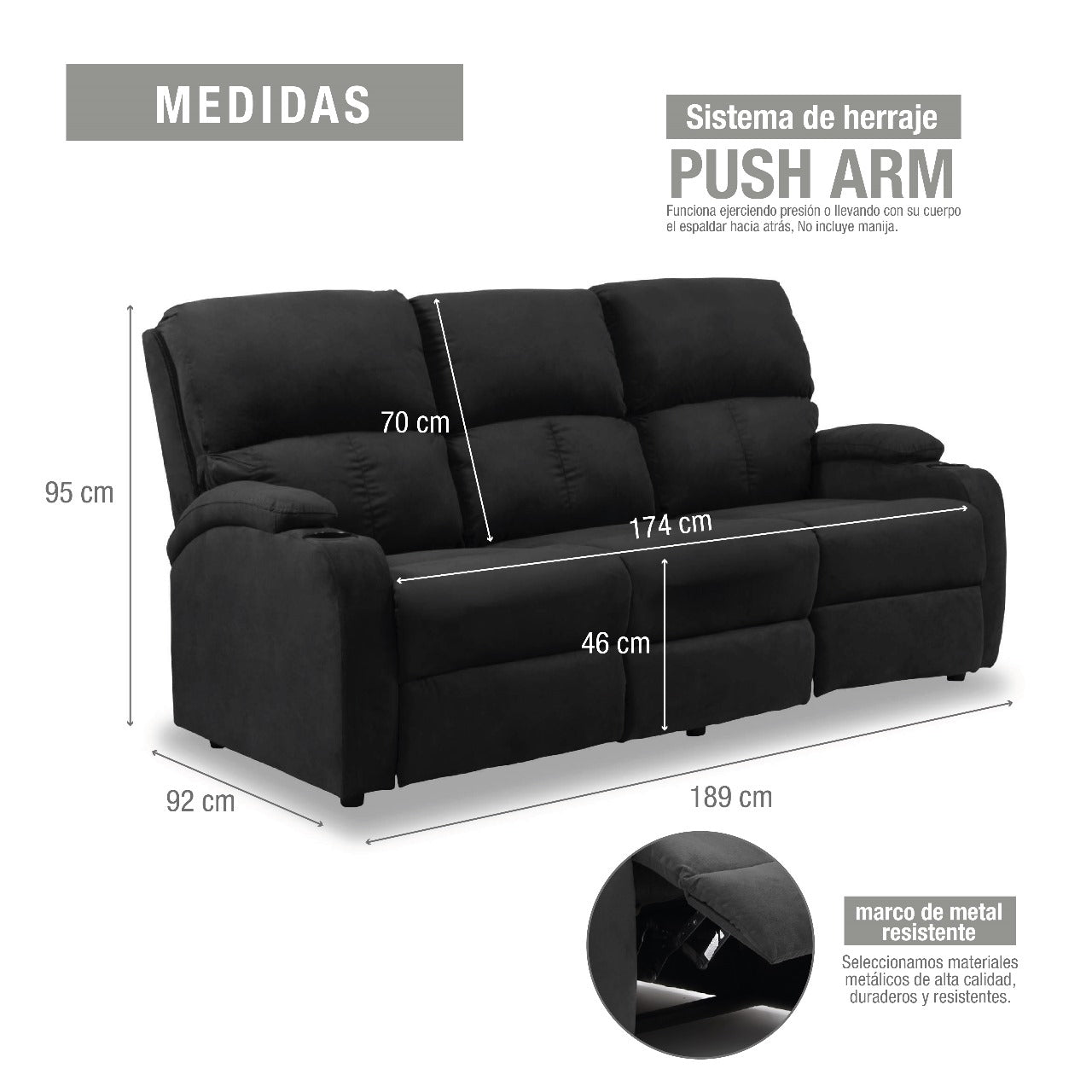 SOFA RECLINABLE AMBER 3 PUESTOS MICROFIBRA GRIS PLOMO