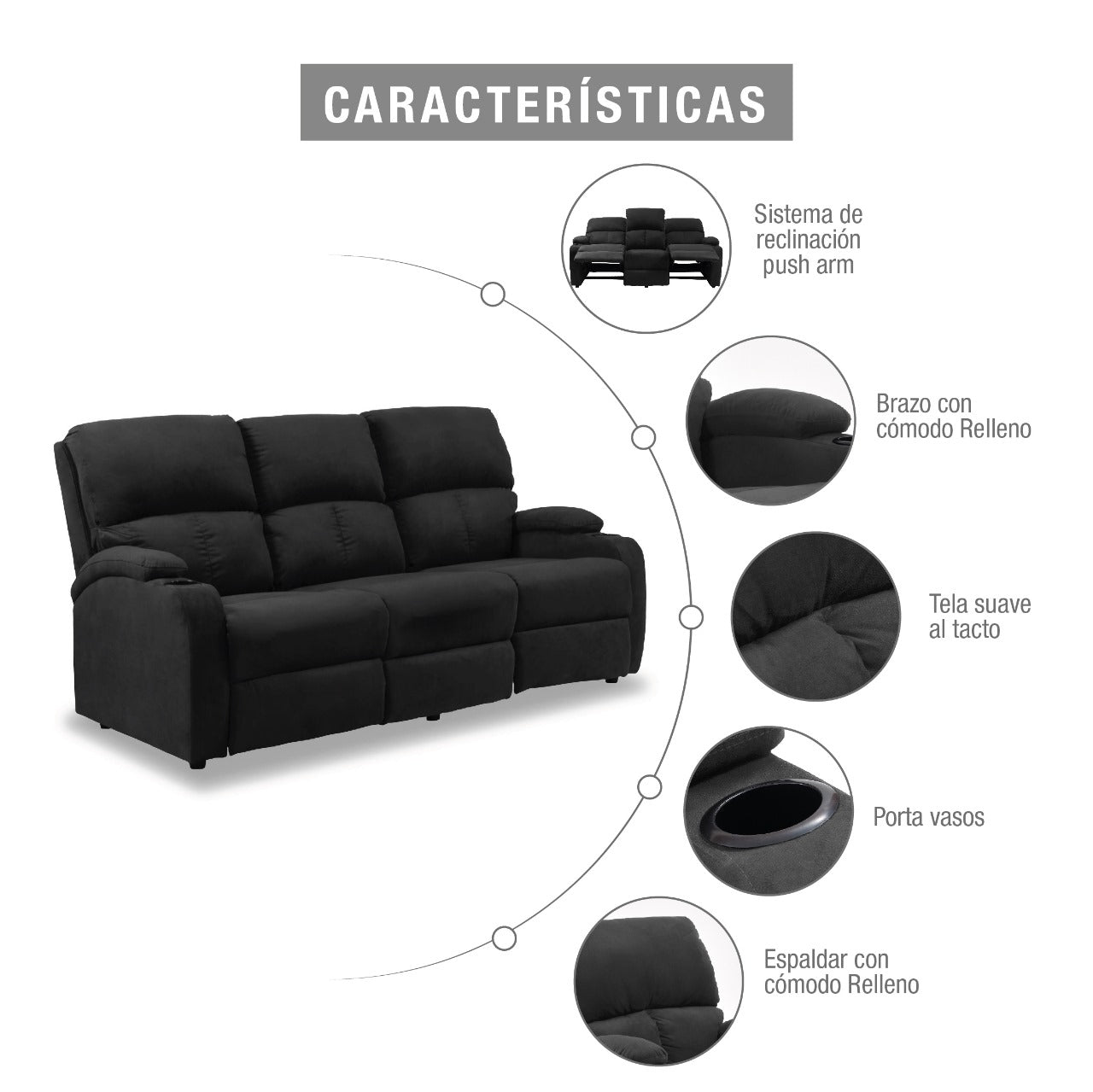 SOFA RECLINABLE AMBER 3 PUESTOS MICROFIBRA GRIS PLOMO