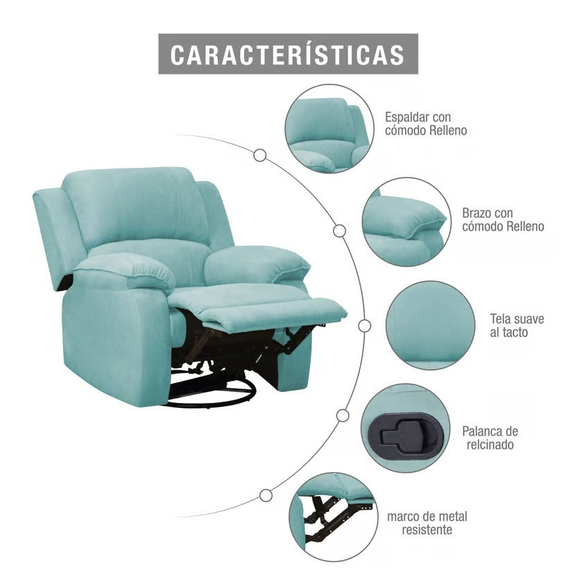 SILLA RECLINABLE MECEDORA GIRATORIA TOKIO MICROFIBRA. AQUA