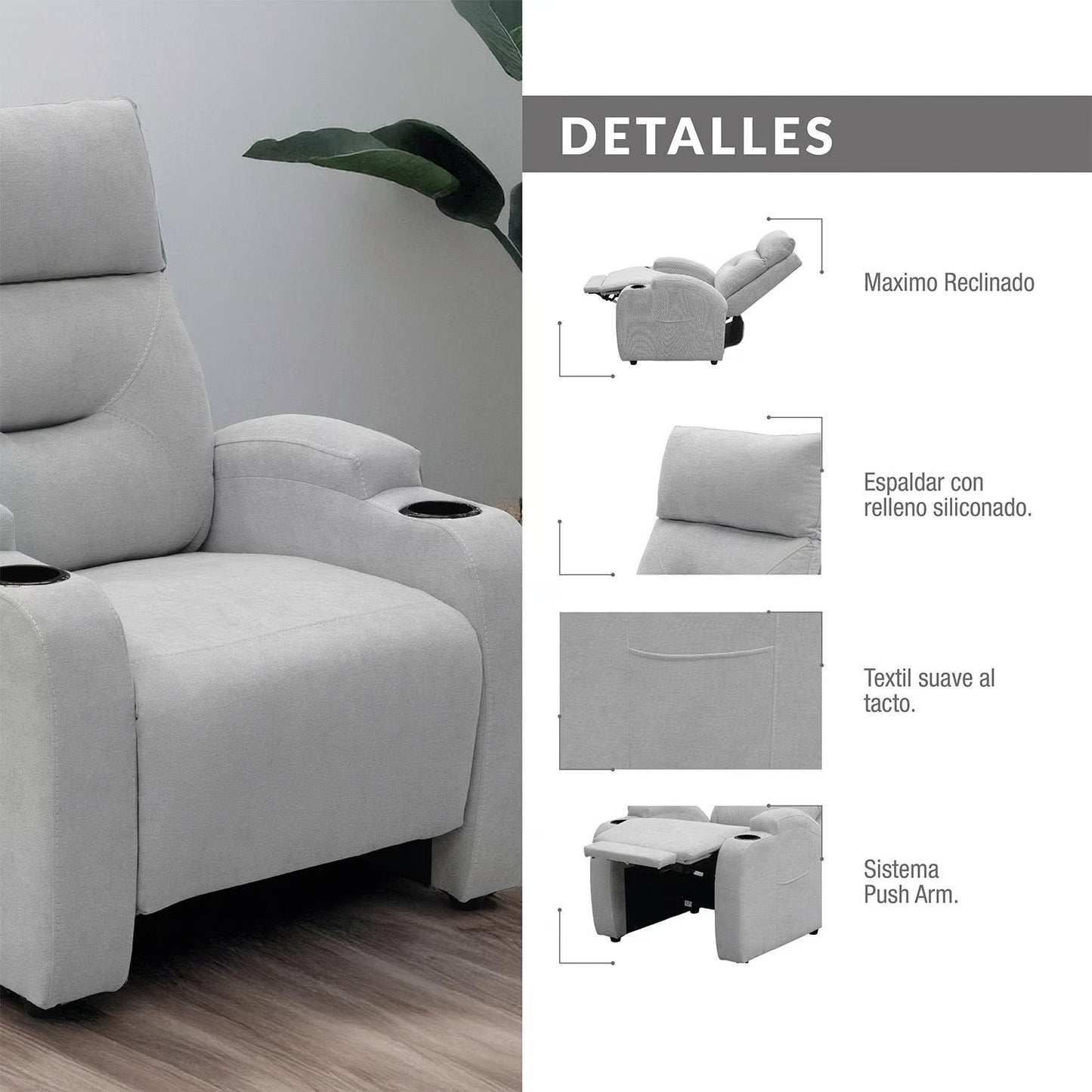 SILLA RECLINABLE LOGAN 1 PUESTO ESTATICO MICROFIBRAPLATA