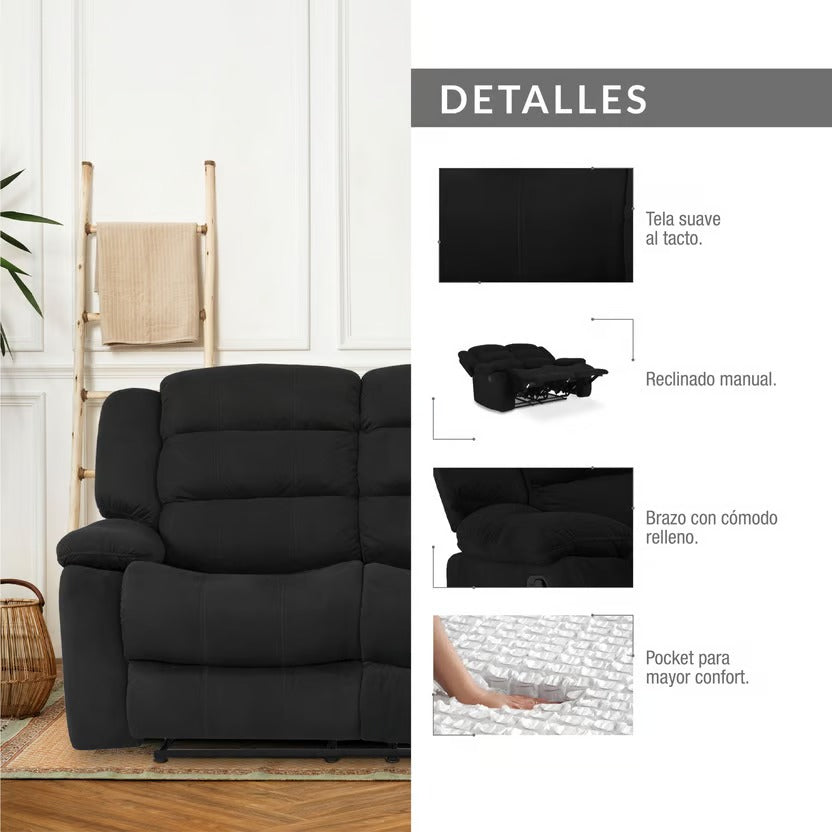 SOFA RECLINABLE DHAKA 2P MICROFIBRA NEGRO