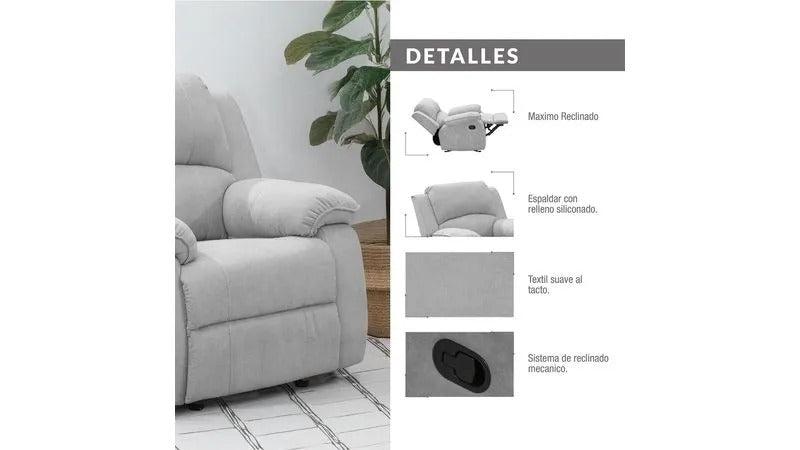 SILLA RECLINABLE MECEDORA BROOKLYN MICROFIBRA. PLATA