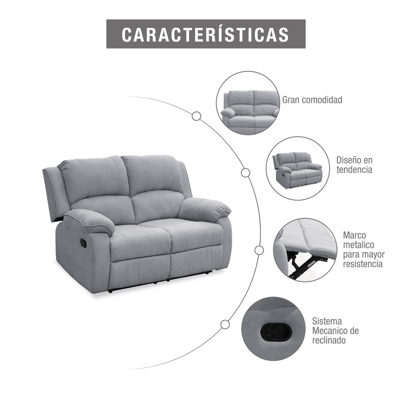 SOFA REC BROOKLYN 2 PTOS ESTATICO USB MICROFIBRA PLATA
