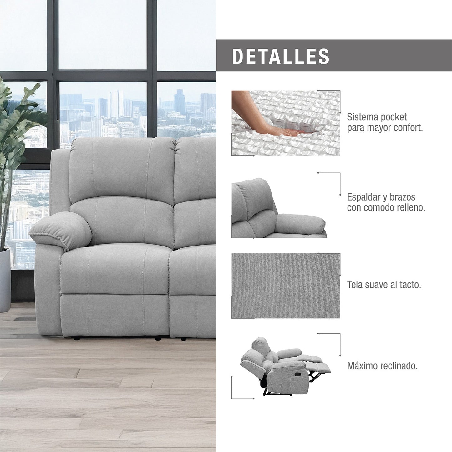 SOFA REC BROOKLYN 3 PTOS ESTATICO USB MICROFIBRA PLATA