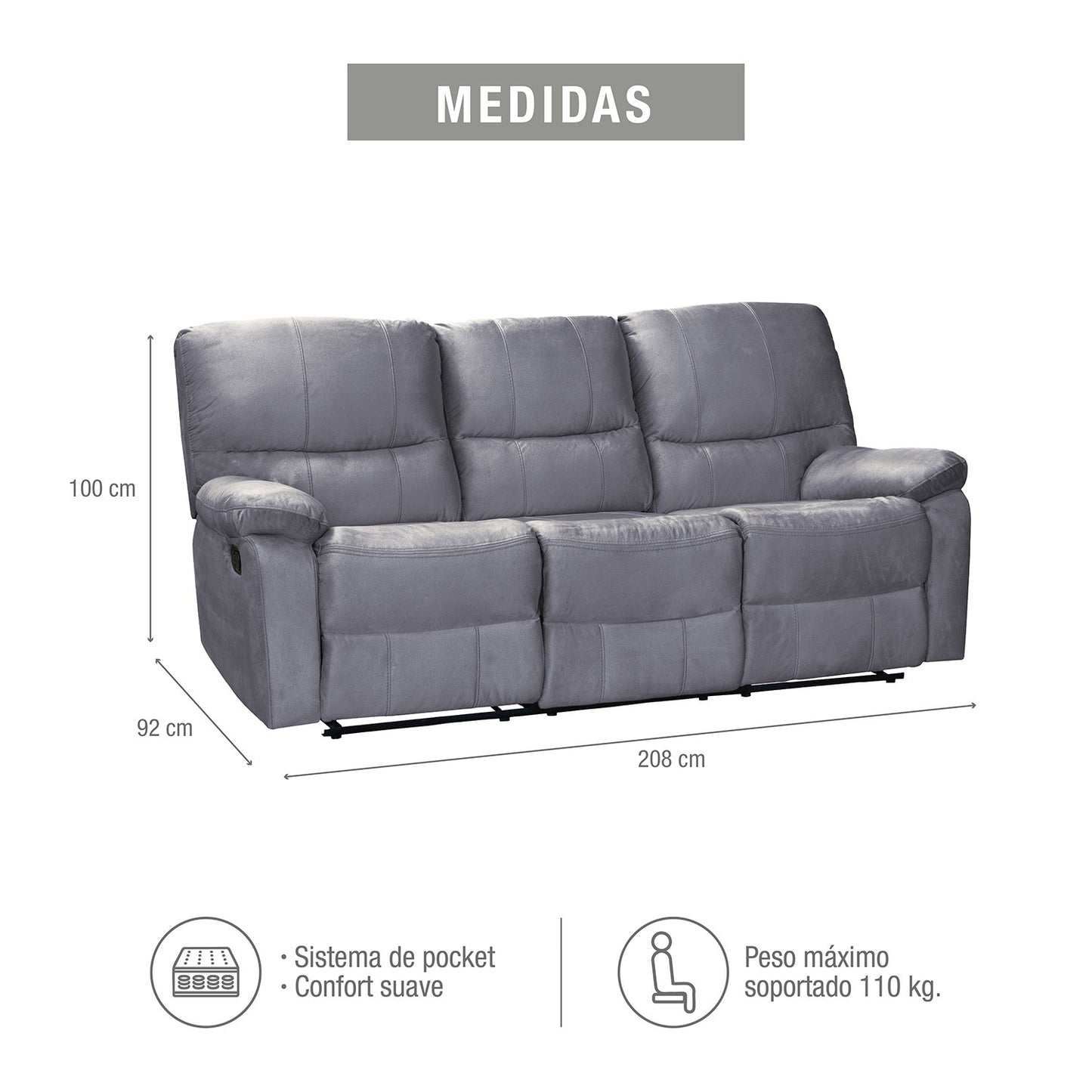 SOFA RECLINABLE GALL 3 PUESTOS MICROFIBRA GRIS PLOMO