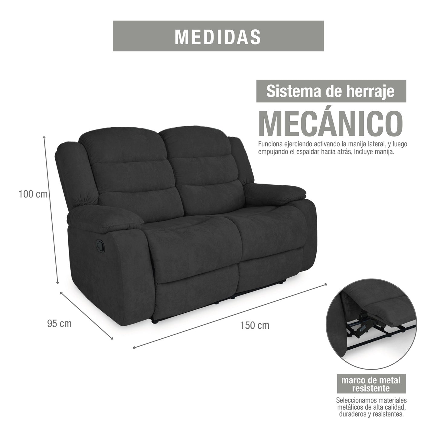 SOFA RECLINABLE GRAND 2 PUESTOS MICROFIBRA GRIS PLOMO