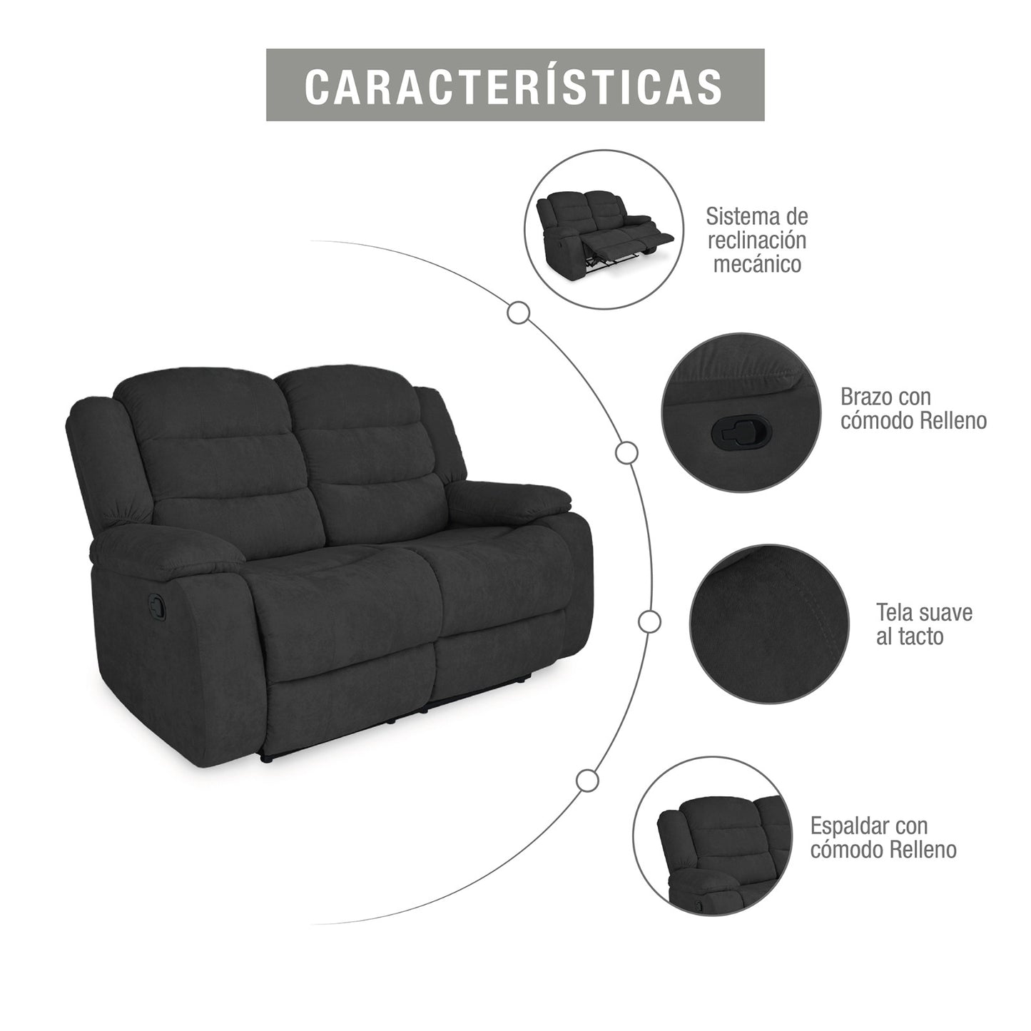 SOFA RECLINABLE GRAND 2 PUESTOS MICROFIBRA GRIS PLOMO