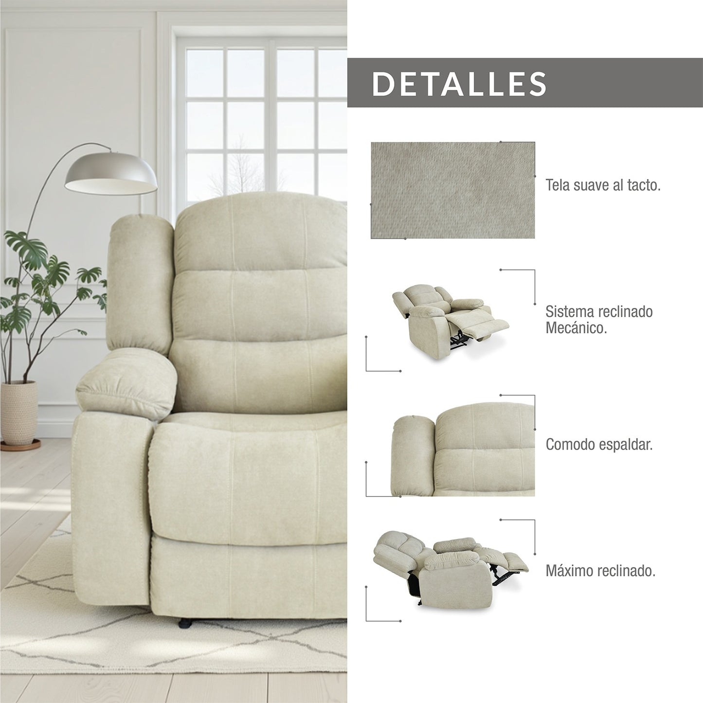 SILLA RECLINABLE GRAND ESTATICA 1 PUESTO MICROFIBRA CAMEL