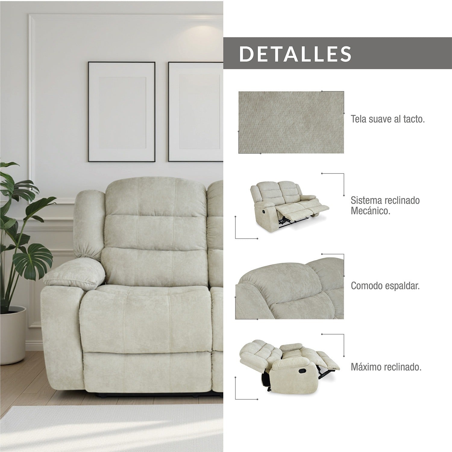 Sofá reclinable grand de 2 puestos en microfibra camel