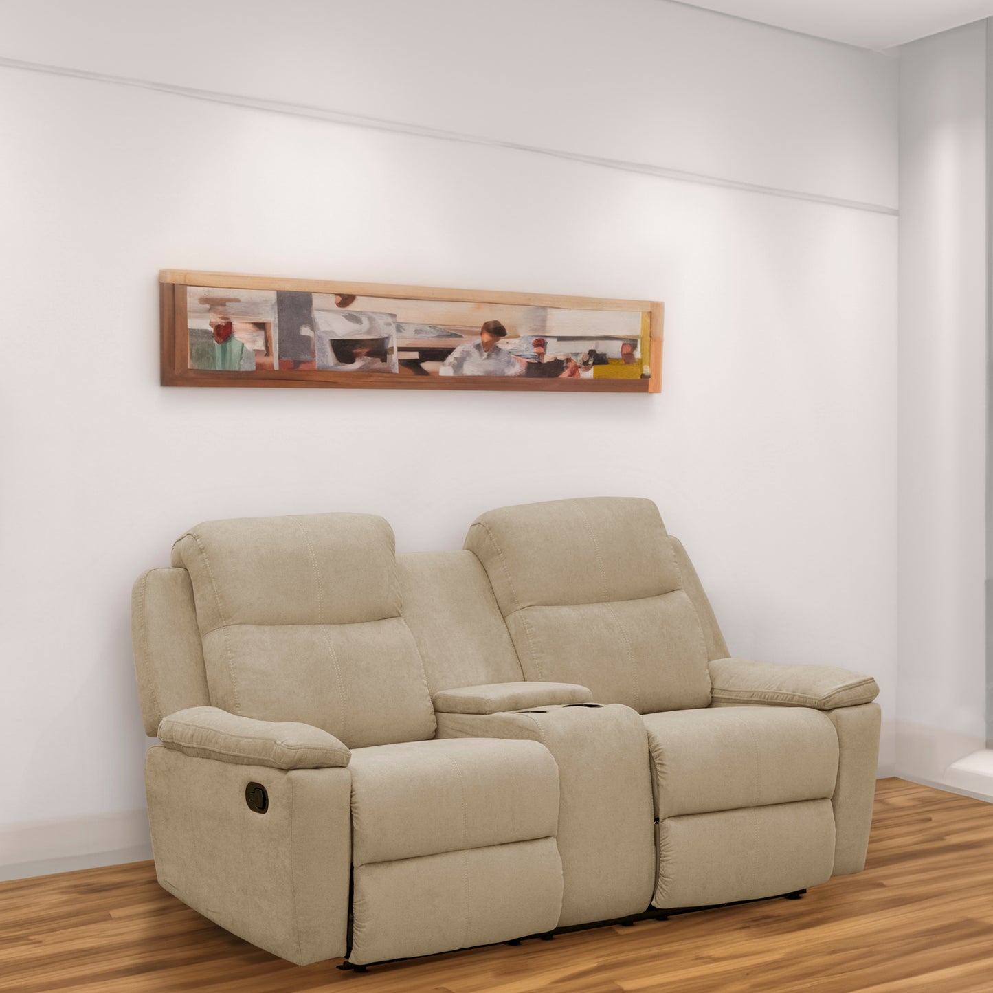 SOFÁ RECLINABLE CON CONSOLA MARSELLA 2 PUESTOS MICROFIBRA CAMEL