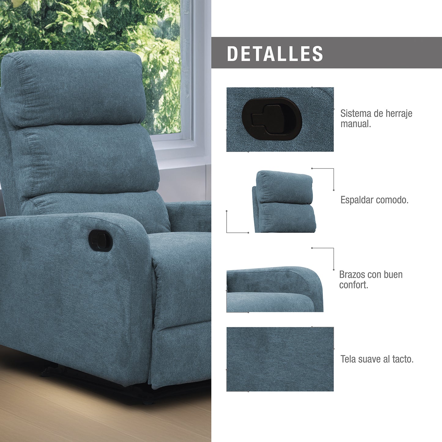 SILLA RECLINABLE ESTÁTICA PEKIN 1 PUESTO MICROFIBRA INDIGO