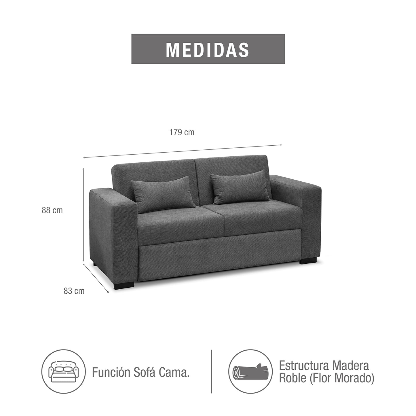 SOFA CAMA OLIVER 140 GRIS PLOMO