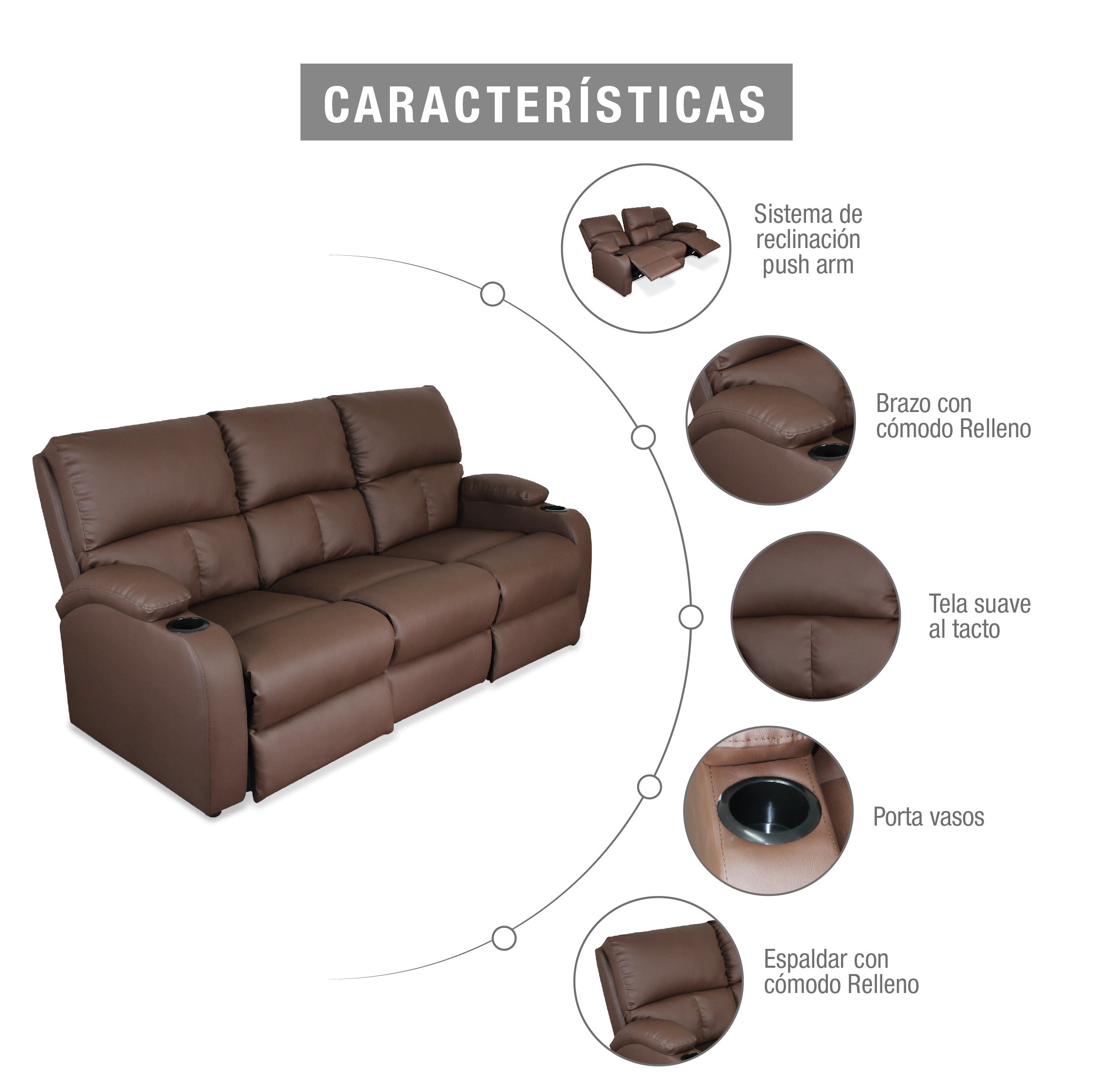 Sofa reclinable amber 3 puestos sintetico chocolate
