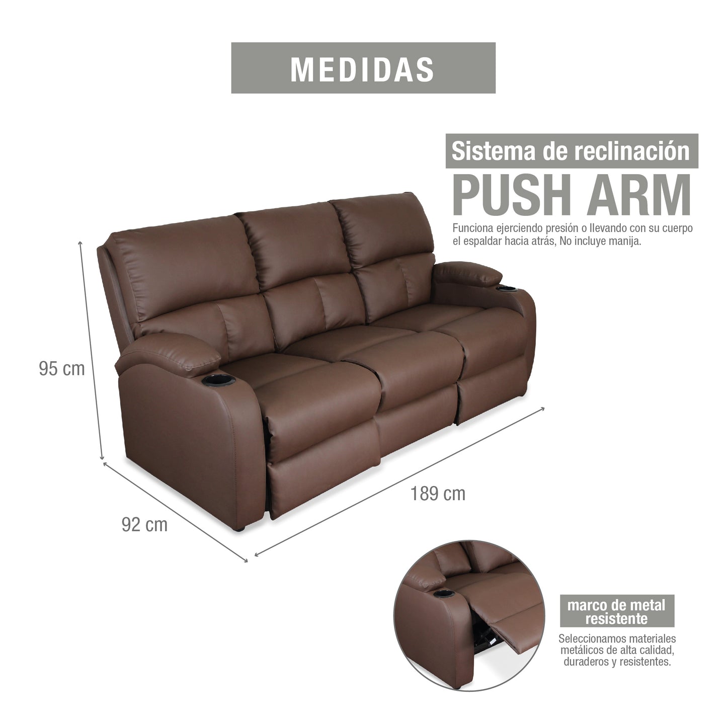SOFA RECLINABLE AMBER 3 PUESTOS  SINTETICO CHOCOLATE