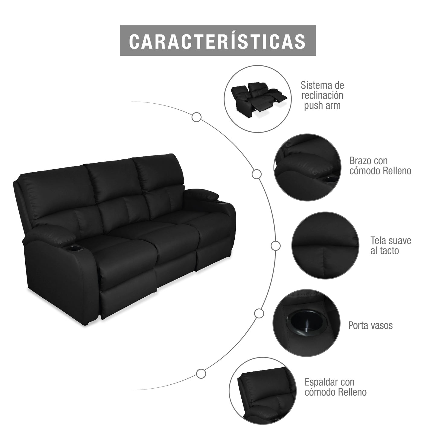 SOFA RECLINABLE AMBER 3 PUESTOS  SINTETICO NEGRO