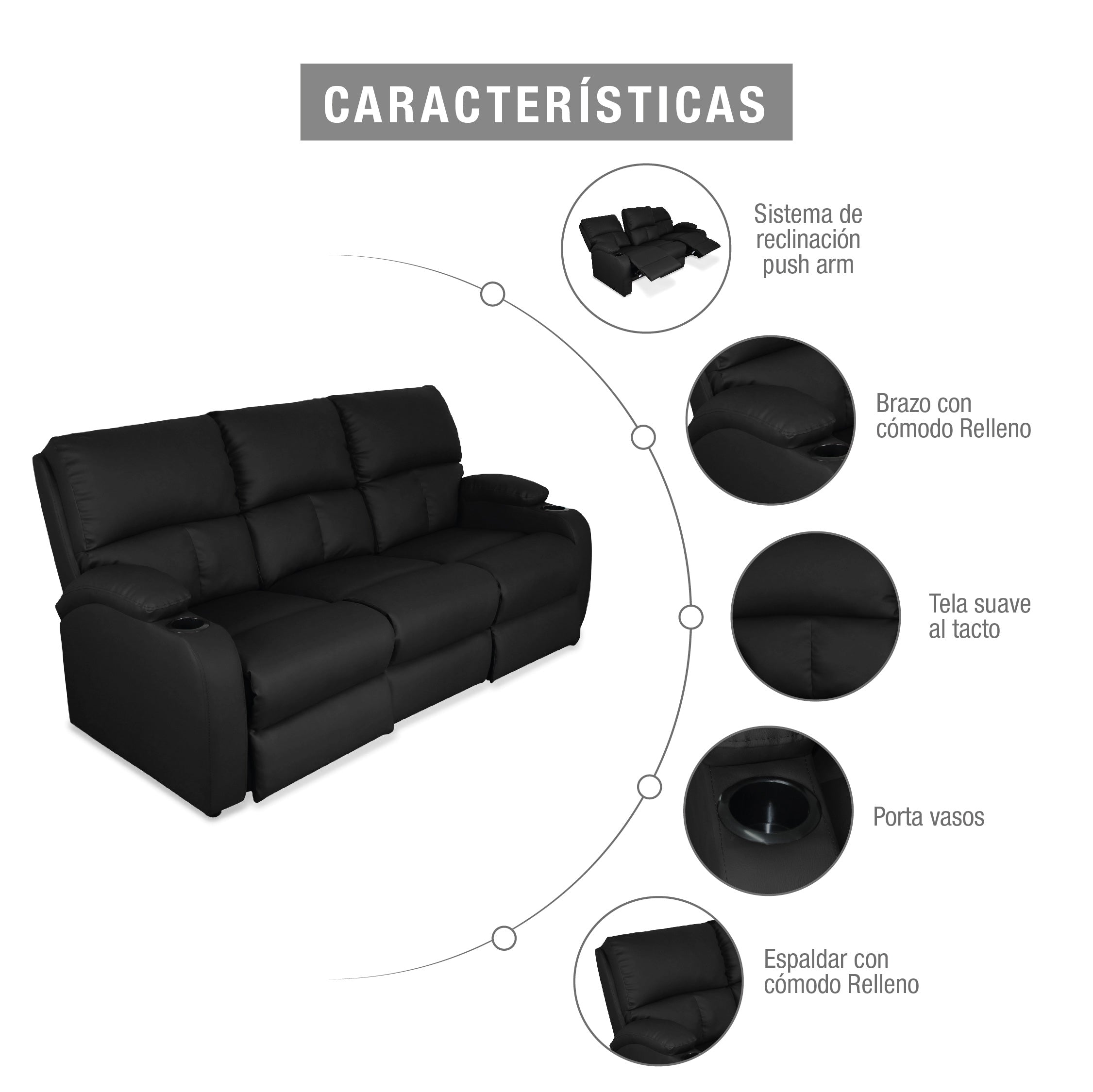 Sofá reclinable amber 3 puestos sintético negro