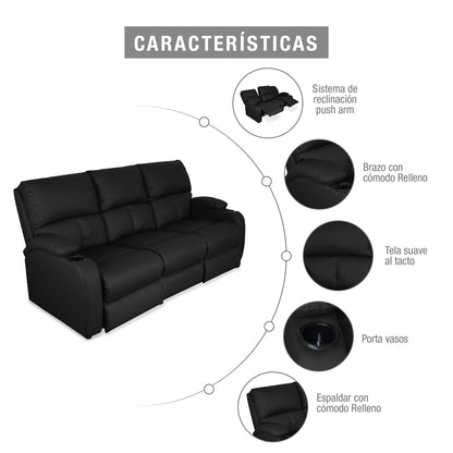 SOFA RECLINABLE AMBER 3 PUESTOS  SINTETICO NEGRO