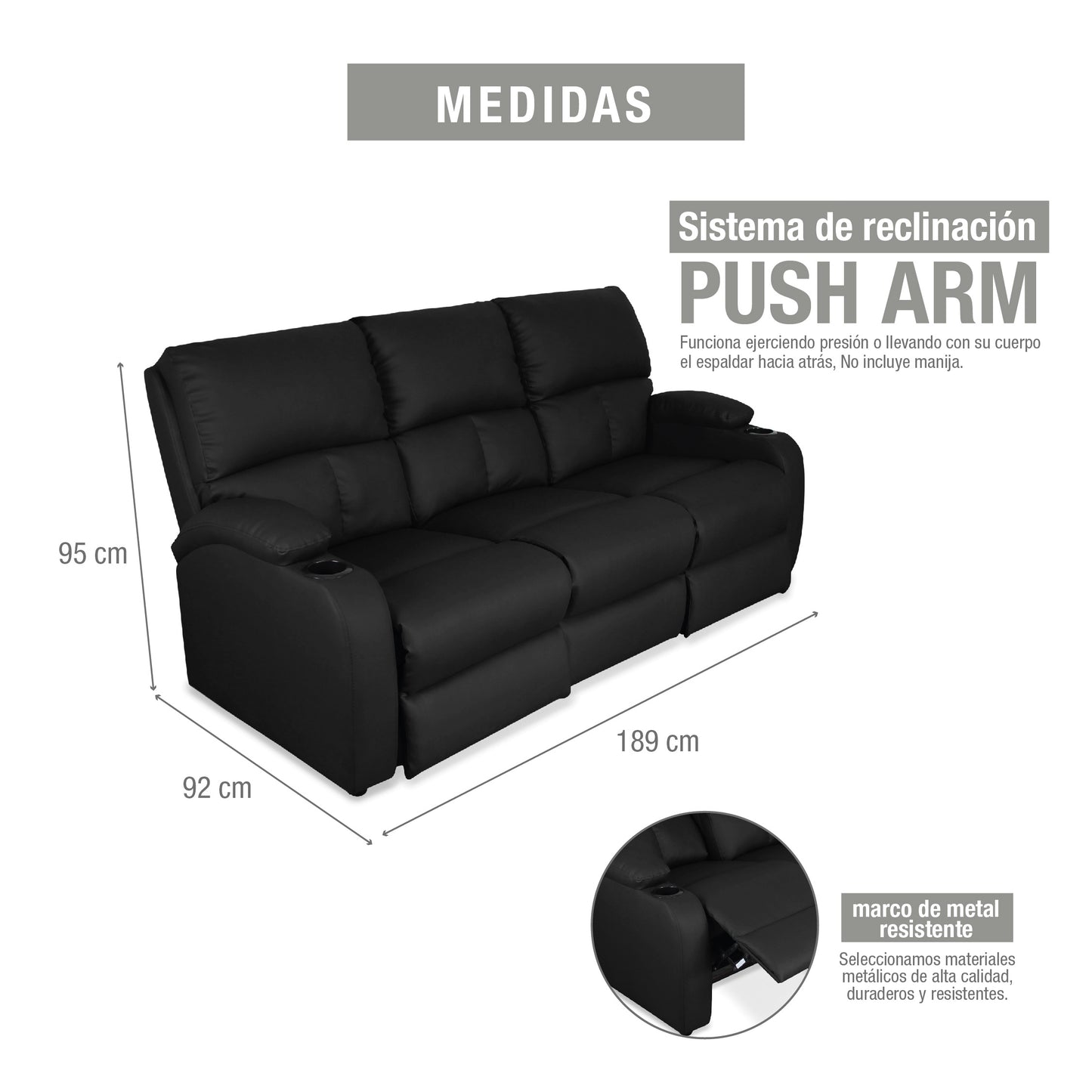 SOFA RECLINABLE AMBER 3 PUESTOS  SINTETICO NEGRO