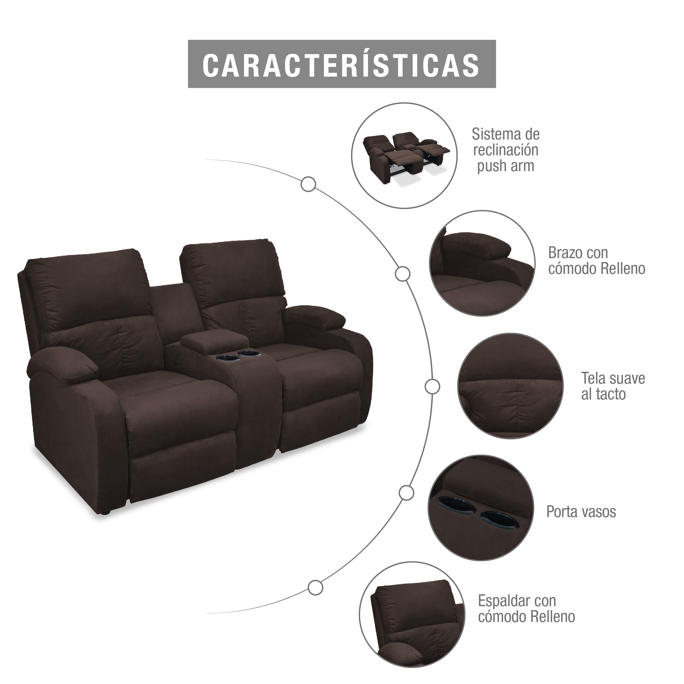 Sofa reclinable amber 2p consola microfibra chocolate