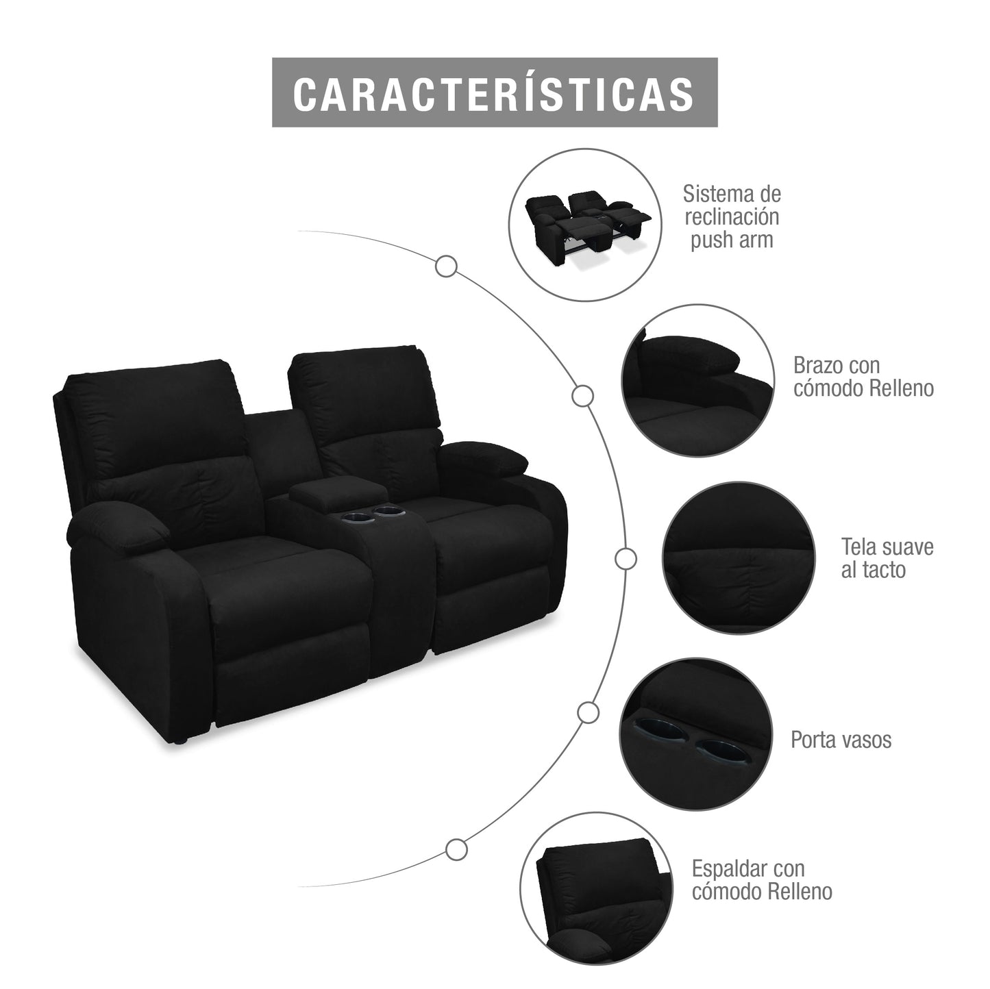 SOFA RECLINABLE AMBER  2P CONSOLA MICROFIBRA NEGRO