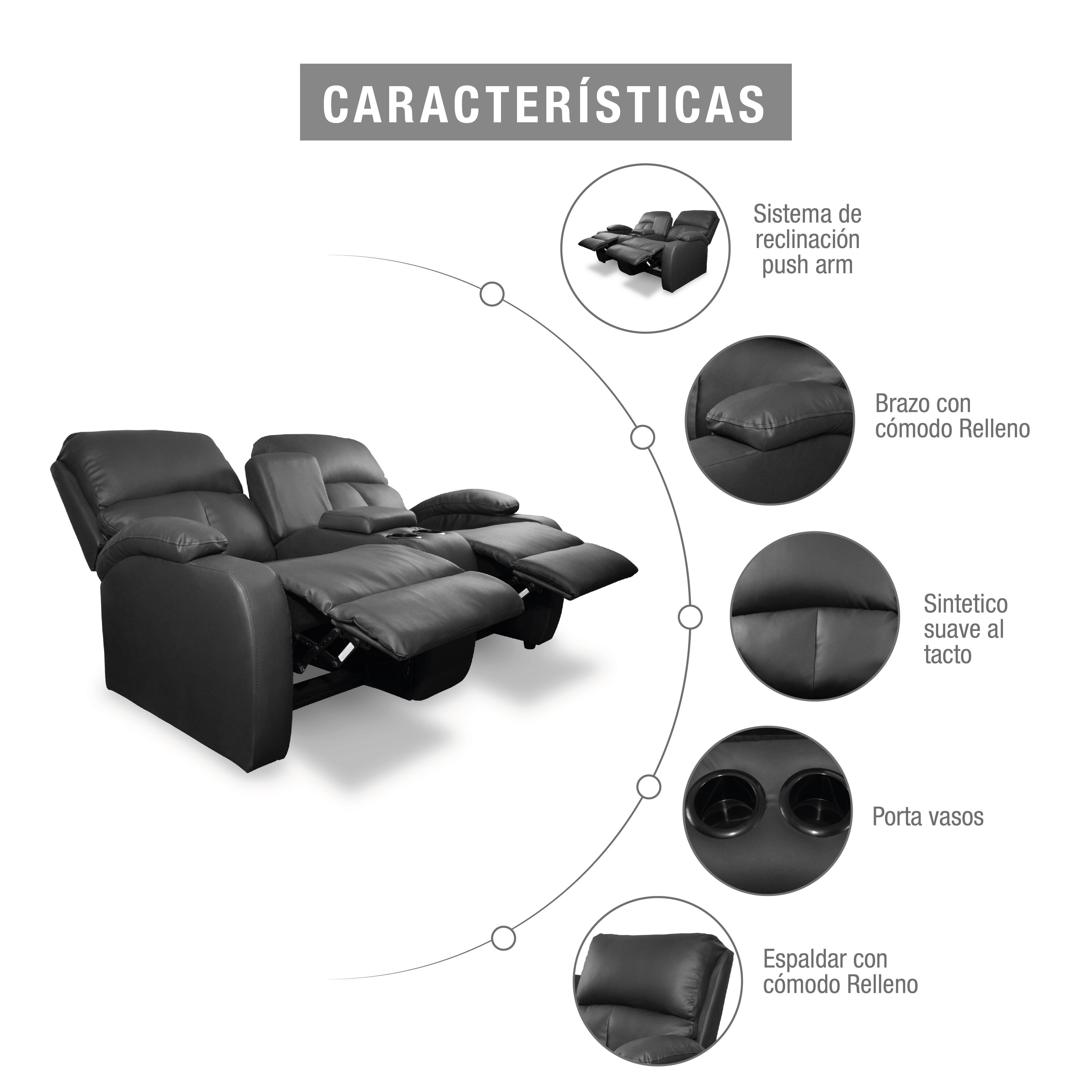 Sofa reclinable amber 2p consola sintetico negro
