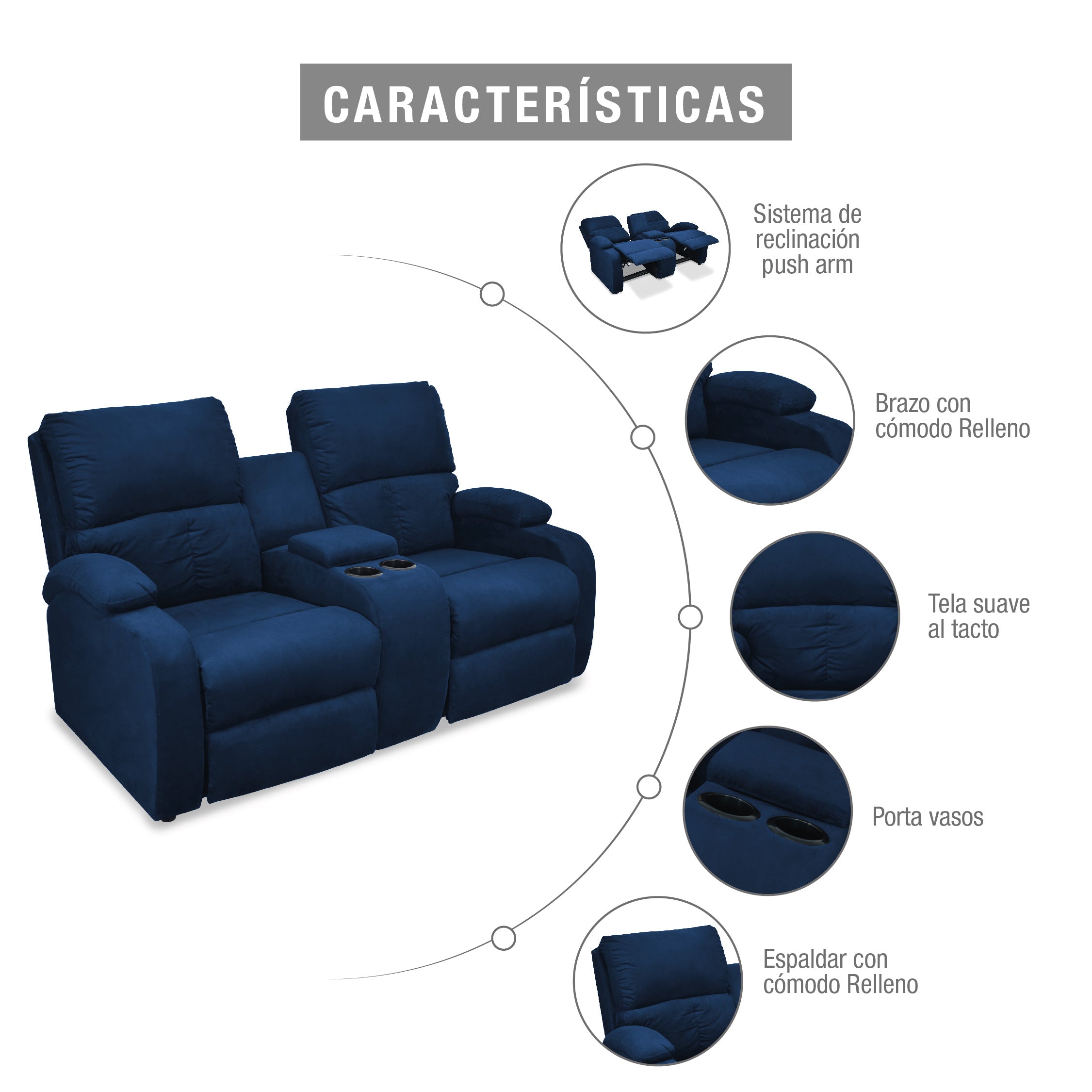Sofa reclinable amber 2p consola microfibra azul