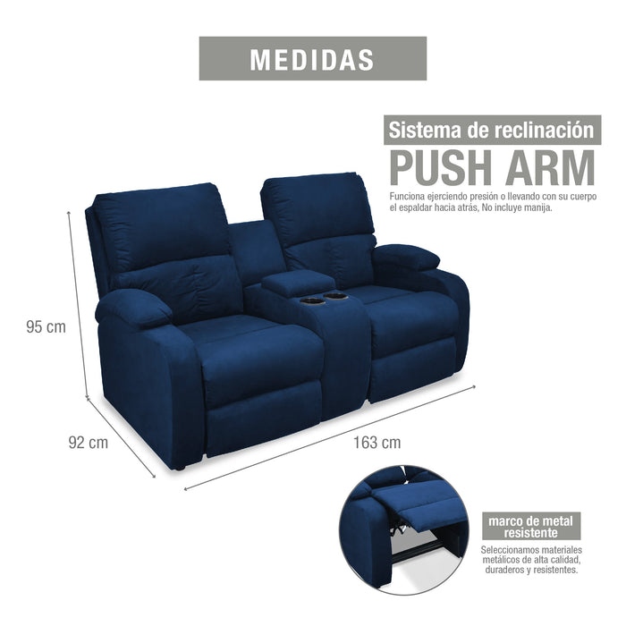 Sofa reclinable amber 2p consola microfibra azul