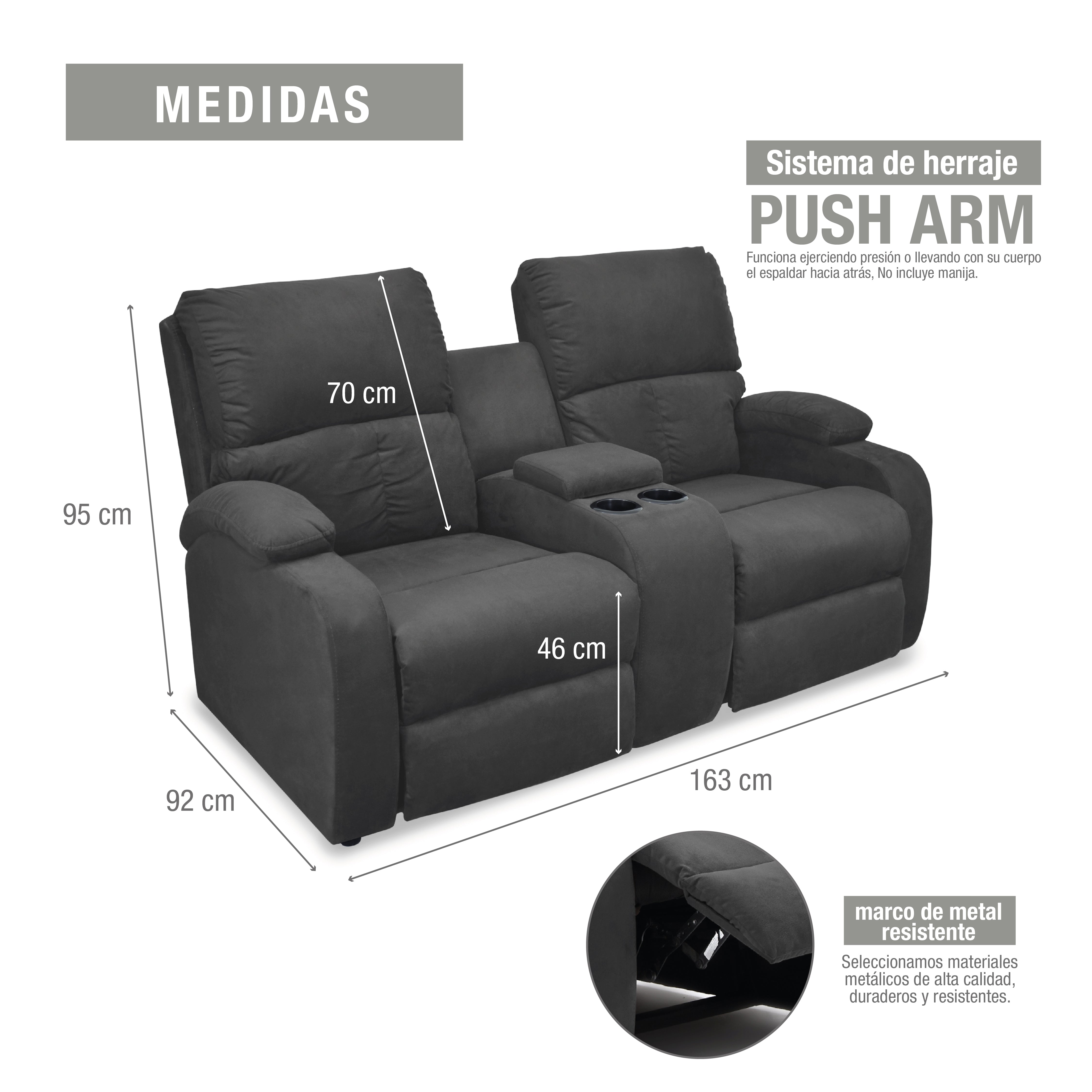 Sofa reclinable amber 2p consola microfibra gris plomo