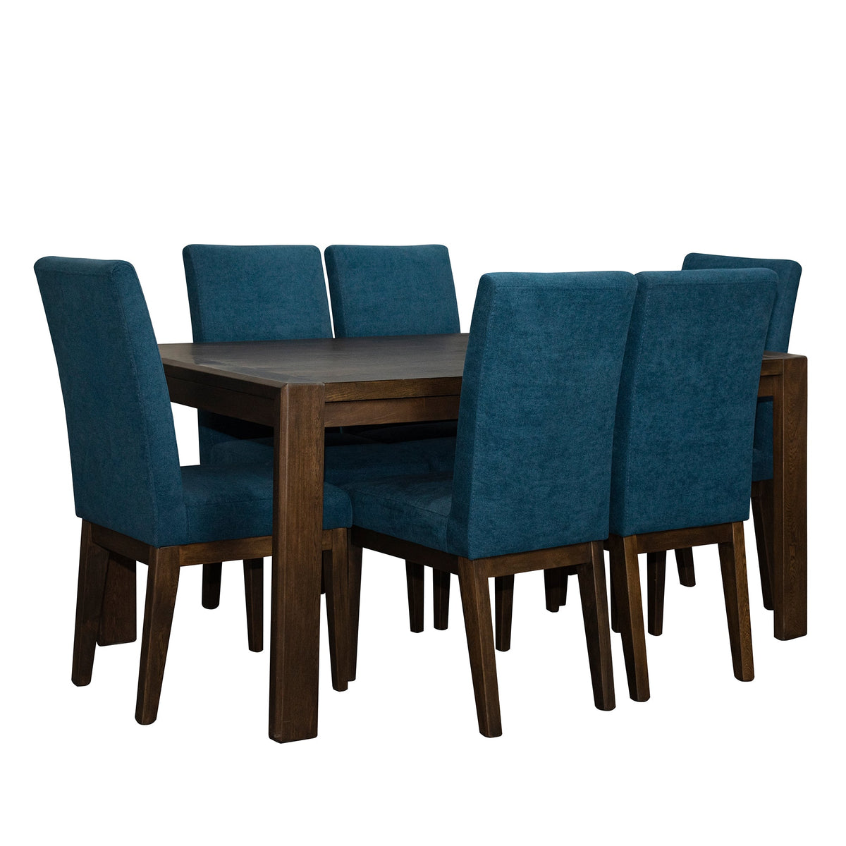 Comedor oxford 6 puestos en natural oscuro microfibra azul
